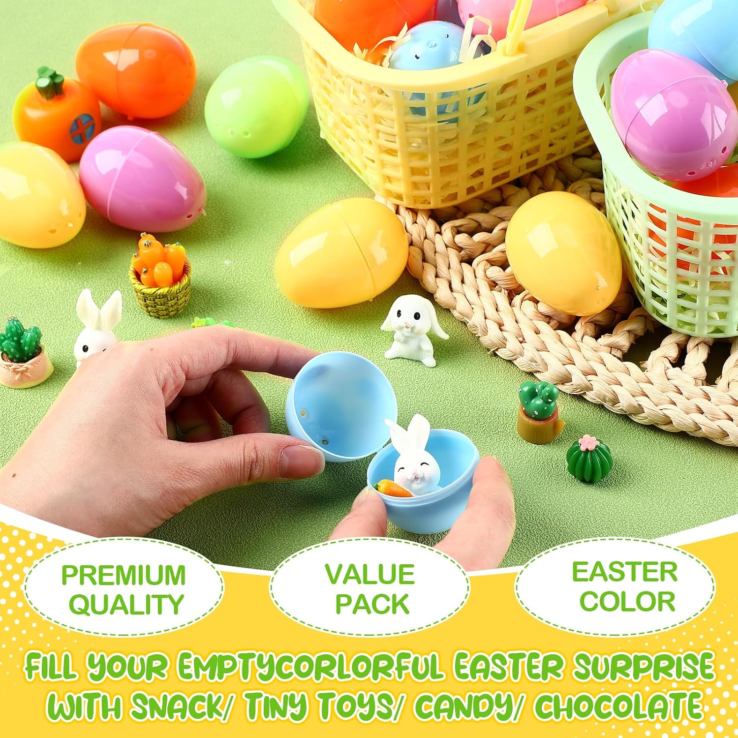 Weysat 108 Pack Plastic Small Easter Baskets Bulk for Adult 12 Pastel Plastic Mini Baskets 96 Easter Eggs Hunt Kit Empty and 60g Grass Filling Small Colorful Buckets with Handles for Spring Gift Decor image 4