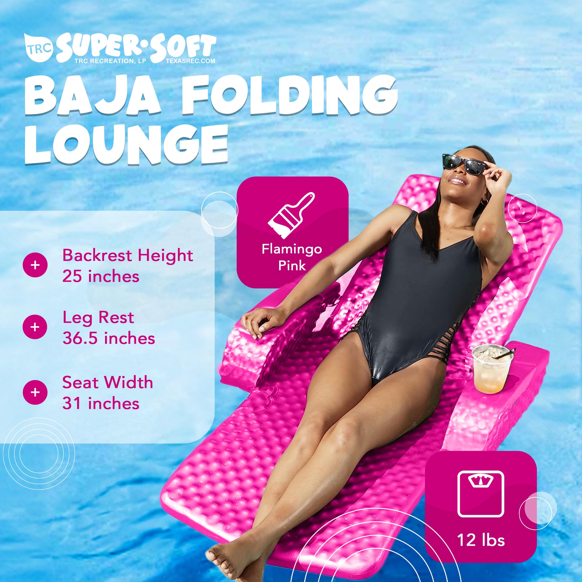 TRC Recreation Folding Foam Baja Chair Floating Portable Swimming Pool Water Lounger with 2 Armrest Cup Holders, Flamingo Pink
