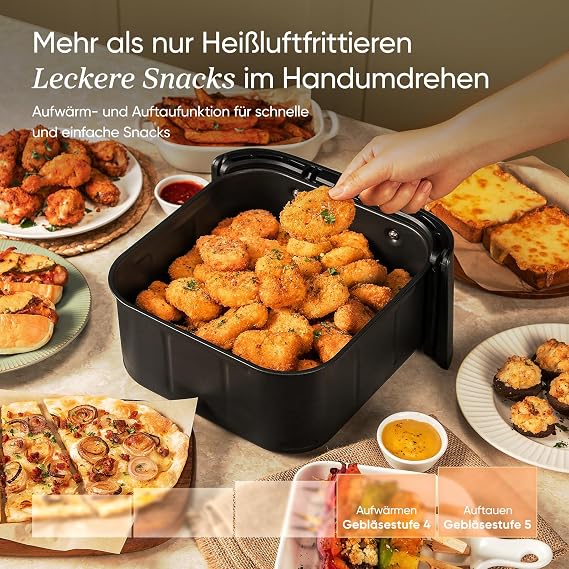 Cosori Turboblaze Airfryer mit Keramikbeschichtung 9-in-1 Heißluftfritteuse Backen Grillen Braten Air Fryer XXL 6L leiser DC Motor mit 5 Gebläsestufen 87 Rezepte