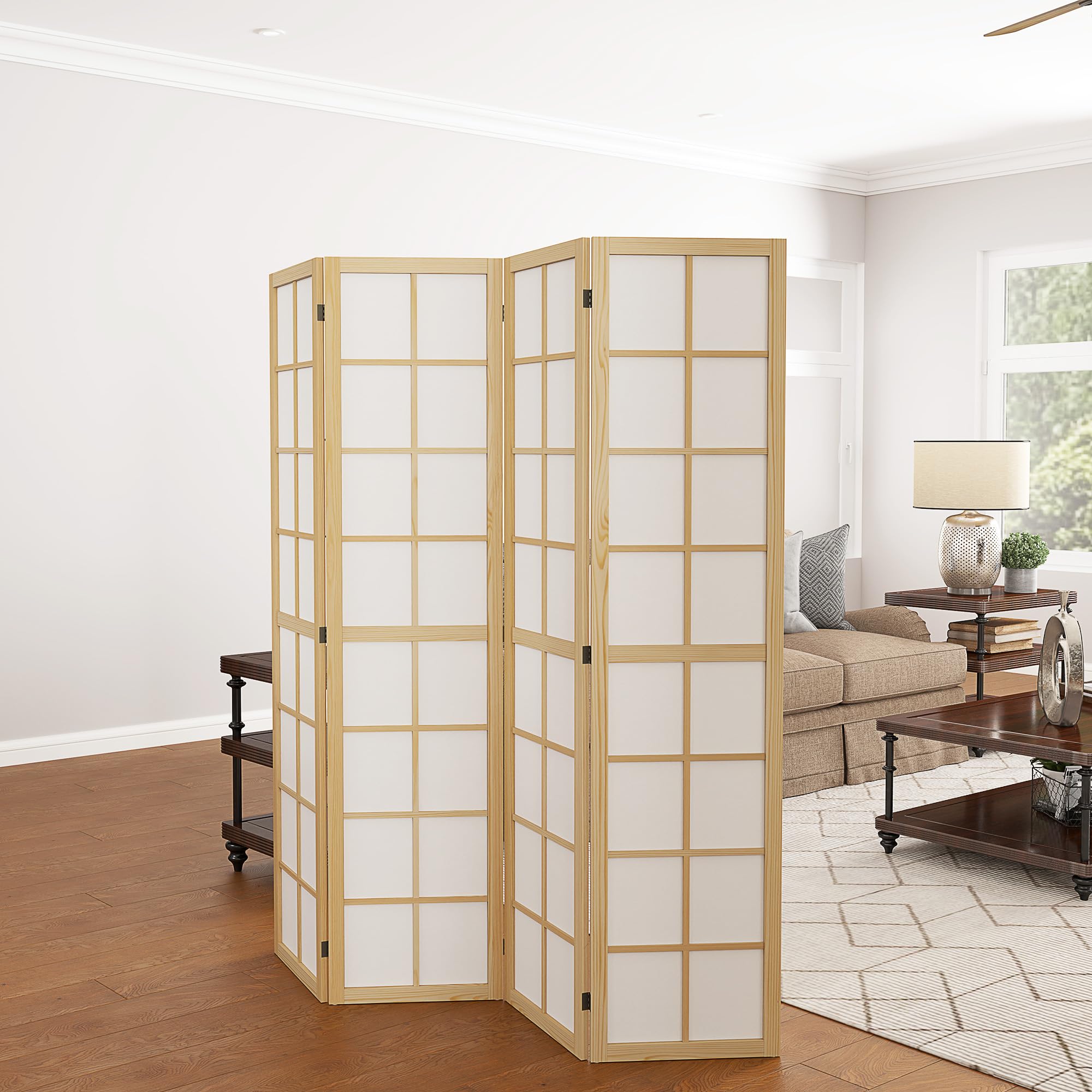 HOMCOM Biombo de 4 Paneles Plegable con Marco de Madera 160x170 cm Natural | Biombo Separador de Ambientes, Pantalla de Privacidad, Dormitorio Oficina Salón