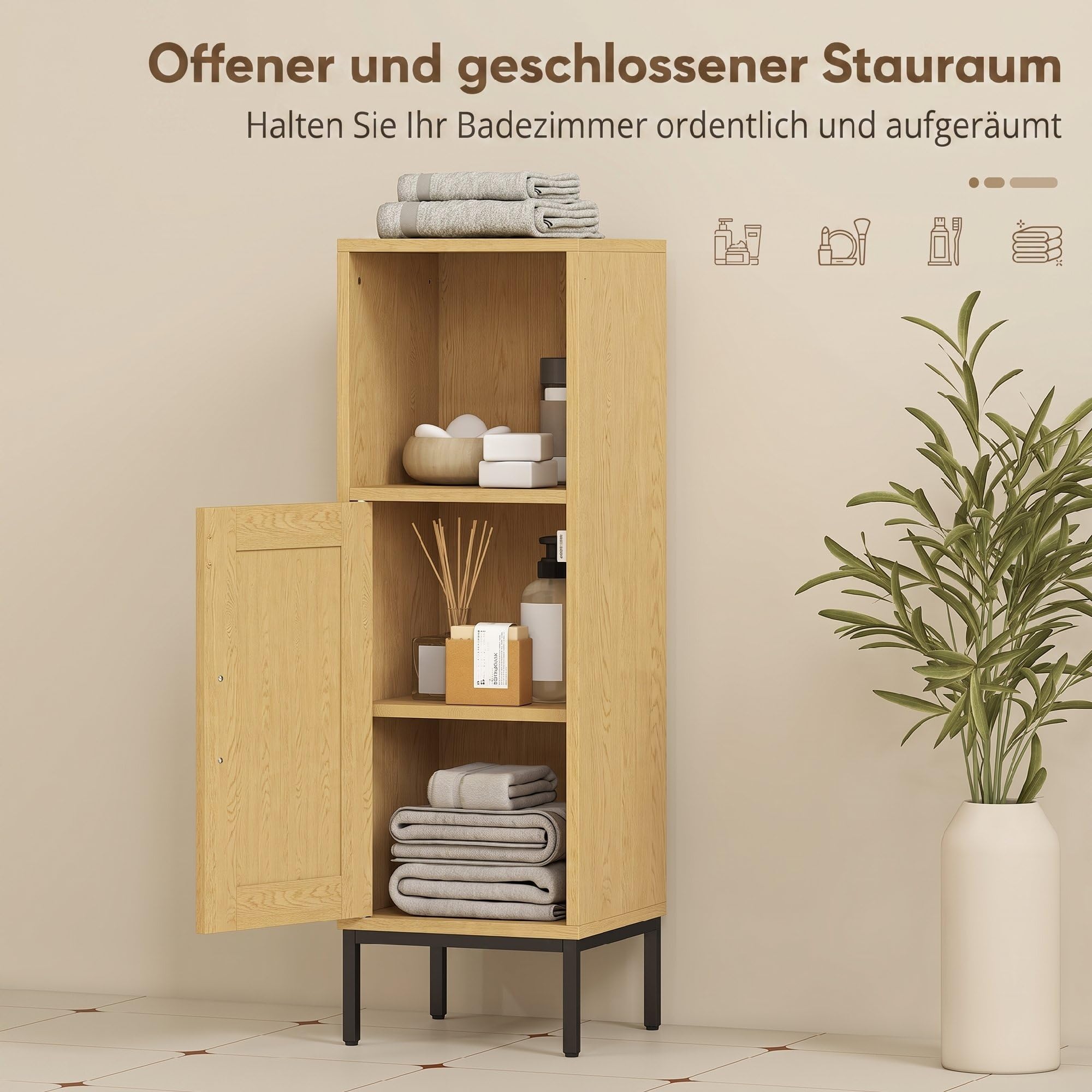 HOMCOM Badezimmerschrank Schmal mit Verstellbarem Regal, Natur