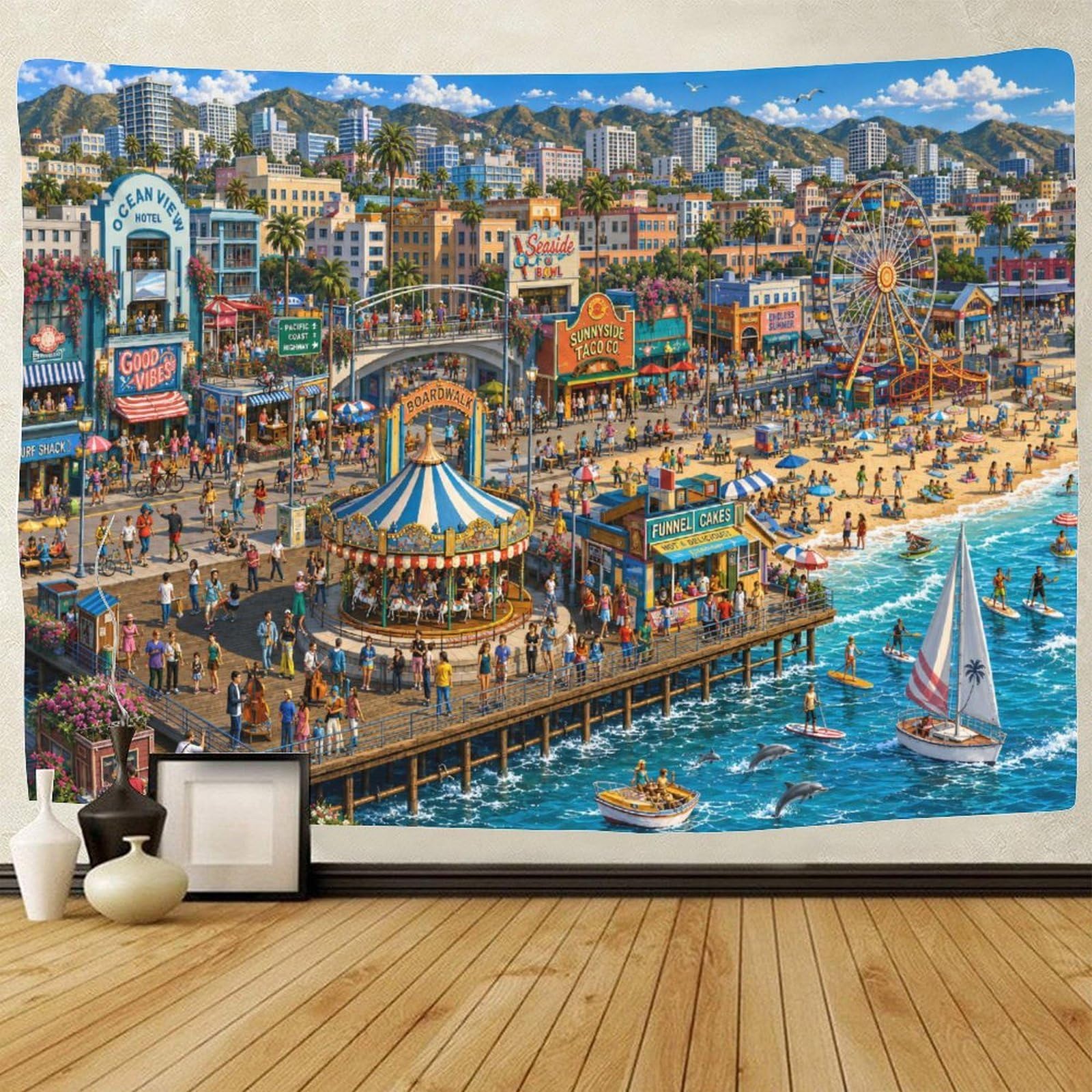 ASDFGHJKLZA Santa Monica Pier Wall Hanging Decor 3D Print Tapestry for Bedroom California Beach Tapestries Home Decoration Curtain Living Room Dorm 70cmx100cm