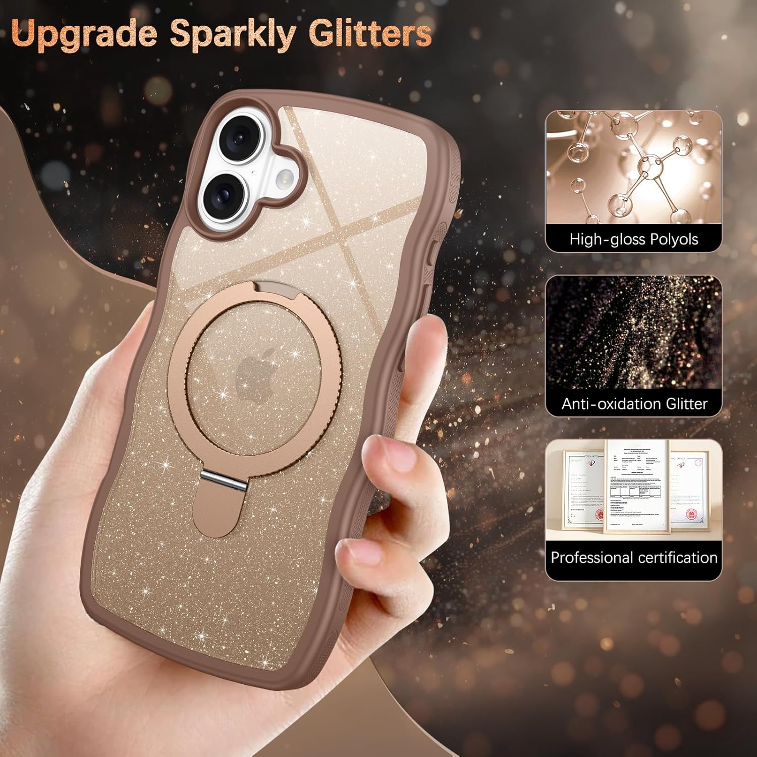 BENTOBEN Magnetic for iPhone 16 Plus Case with Invisible Kickstand Ring [Compatible with Magsafe] Clear Glitter Curly Wavy Non-Slip Shockproof Women Men Phone Cover for iPhone 16 Plus, Desert Titanium - Image 3