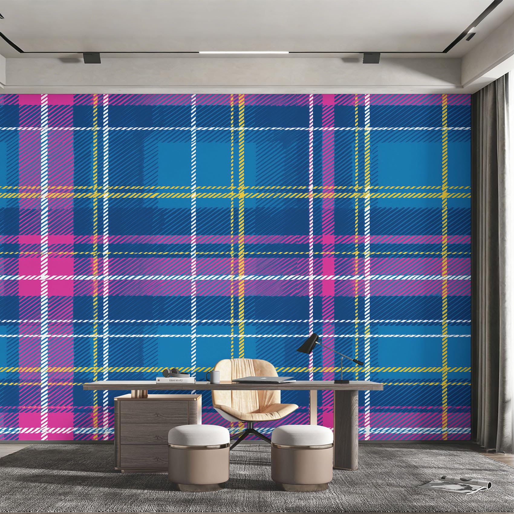 Papier peint panoramique tartan bleu carreau buffalo 450x315 intissé ssh-32