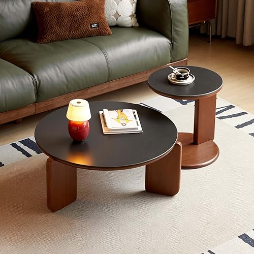 Miniatura 8 de YESWOOD Mesa auxiliar redonda, mesa auxiliar de madera con parte superior de piedra sinterizada, mesa Morden de mediados de siglo, mesa de centro