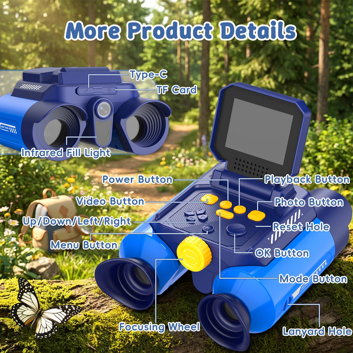 Binocolo per Bambini con Zoom Ottico 10x e Fotocamera - Foto 48 MP e Video in 1080P, Visione Notturna 25 m, Adatto dai 3 Anni in su, Ideale per Osservazione Animali e Natura | Blu Scuro