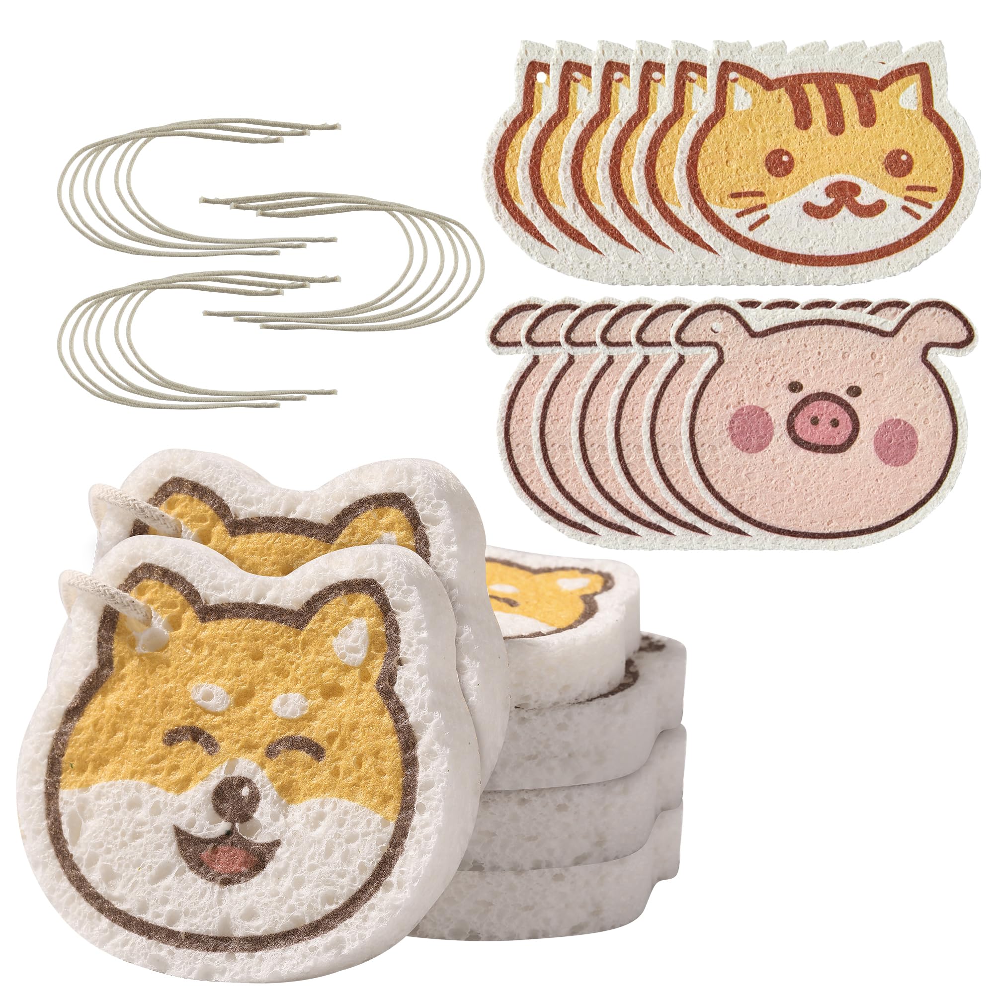 JOYMOOP Cartoon Kitchen Sponge, Non-Scratch Sponges for Dishes, Natural Cellulose Sponges for Cleaning, Reusable Sponge for Household Cleaning - 18 Pcs Mixed Pattern (Kitten, Doggy and Piggy)