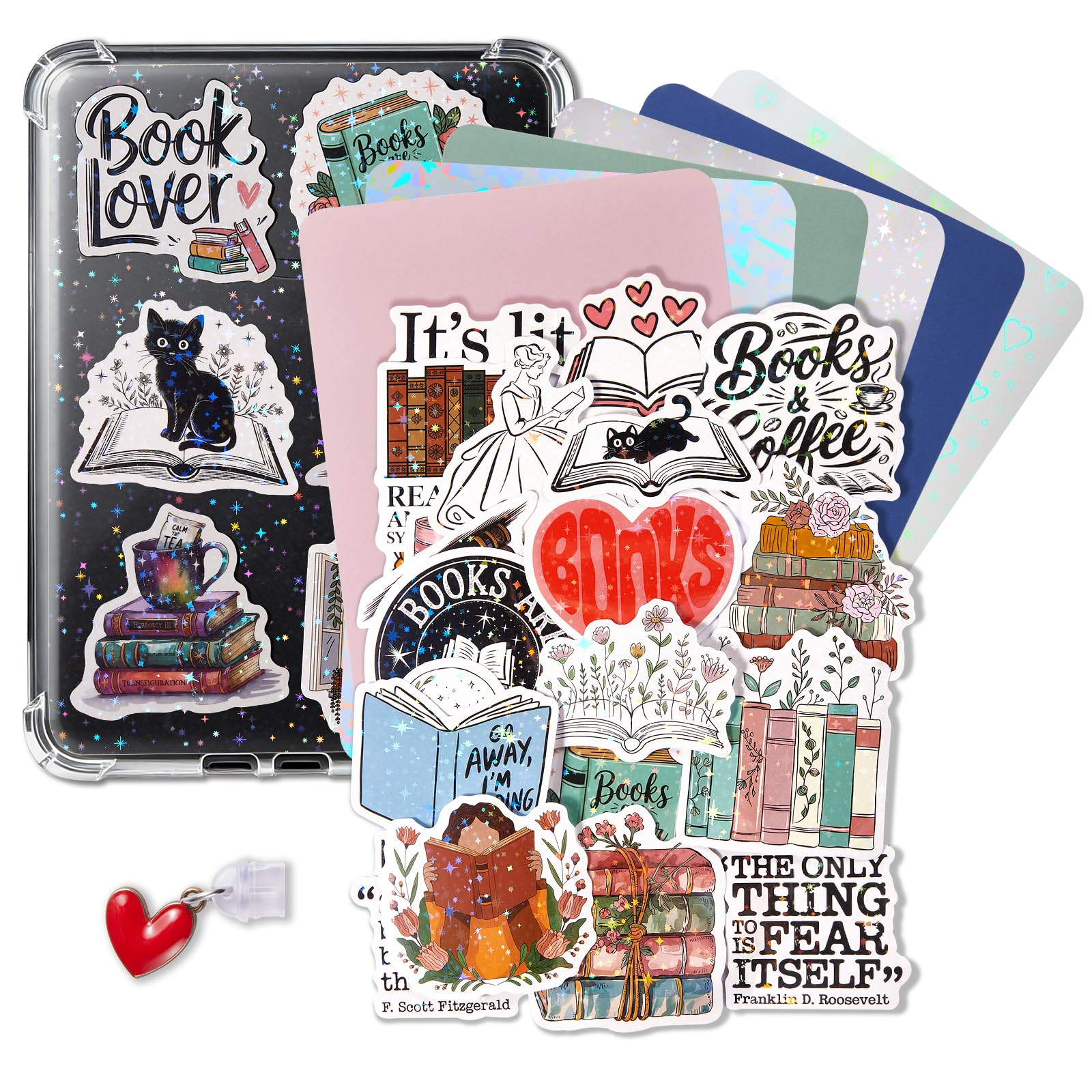 iDLEHANDS Transparente Schutzhülle für 17,8 cm E-Reader – mit 50 Stück Scrapbook-Aufklebern, 6 Einlagen aus Karton, 1 Charm, nicht kompatibel mit Kobo Clara