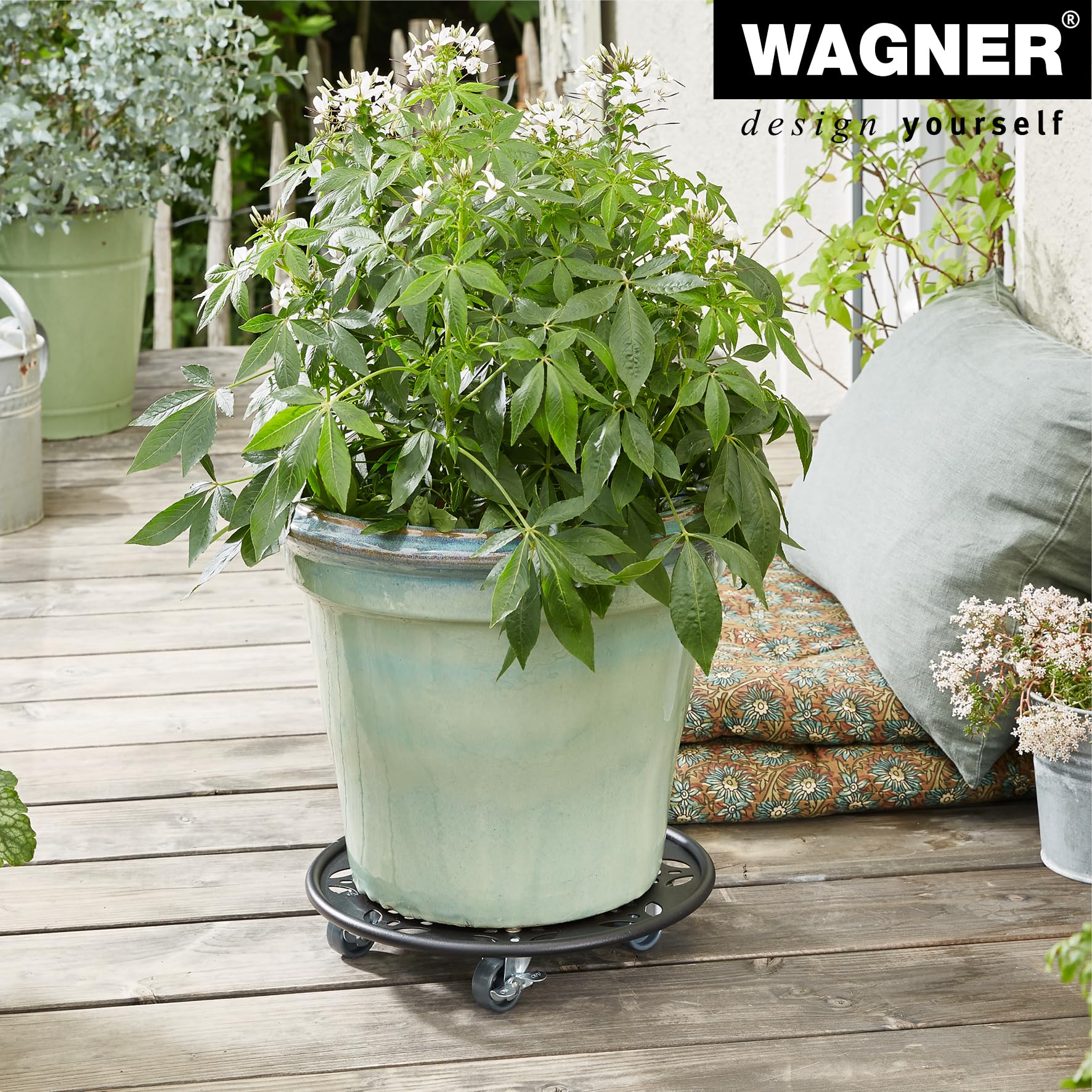 WAGNER Support à roulettes pour pot de fleur ÉDITION NOIRE Ø 30 x 6,5 cm I Roule pot I intérieur + extérieur I Support roulant en acier, revêtement noir, 2 freins I Capacité de charge 60 kg - 20093601