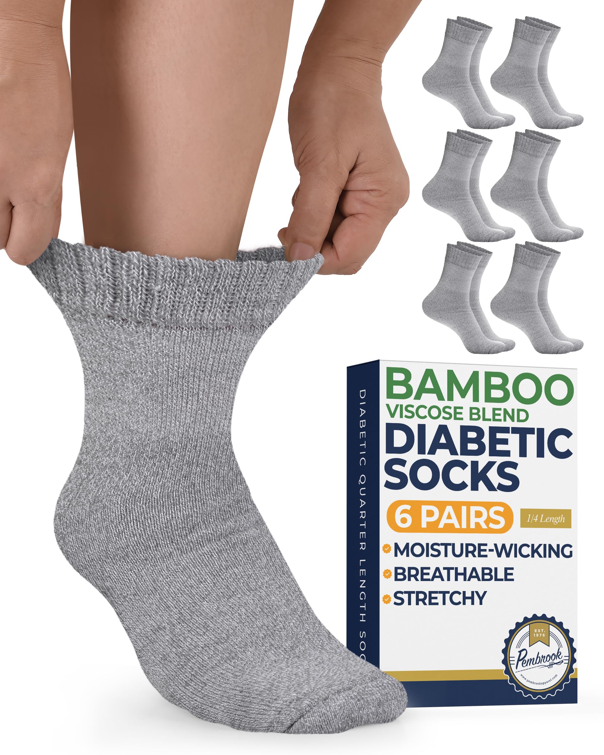 Pembrook Bamboo Viscose Diabetic Socks for Women & Men - 6 Pairs Ankle Neuropathy Socks | Stretch Top for Swollen Feet | Gray