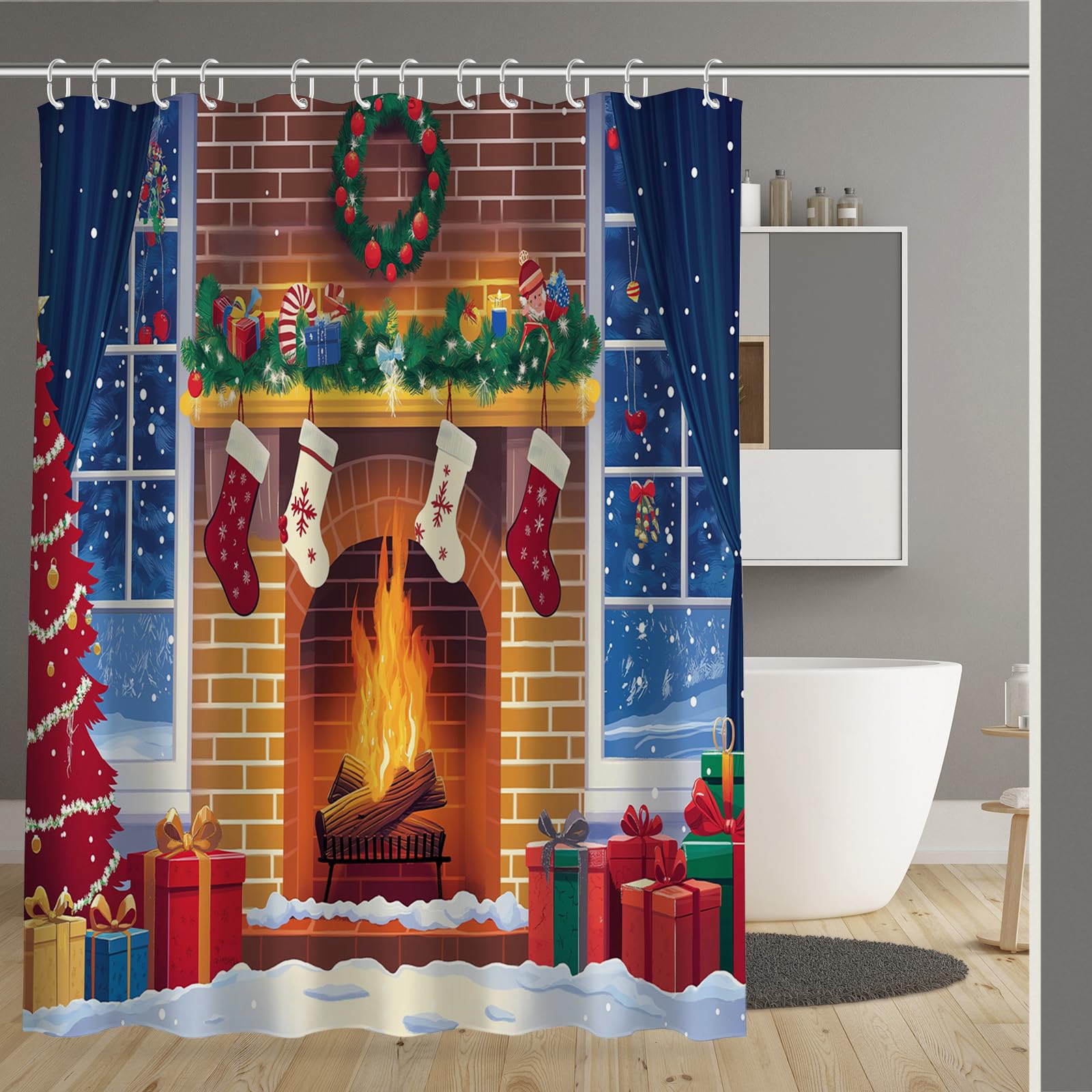 Rideau de douche 180x200 rideau de baignoire Noël lavable en polyester