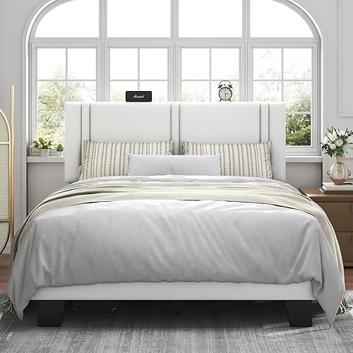 Miniatura 11 de Feonase Marco de Cama de Plataforma de Tamaño Completo, Marco de Cama Tapizado en Tela con Respaldo Alado, Listones de Madera Maciza y Soporte de