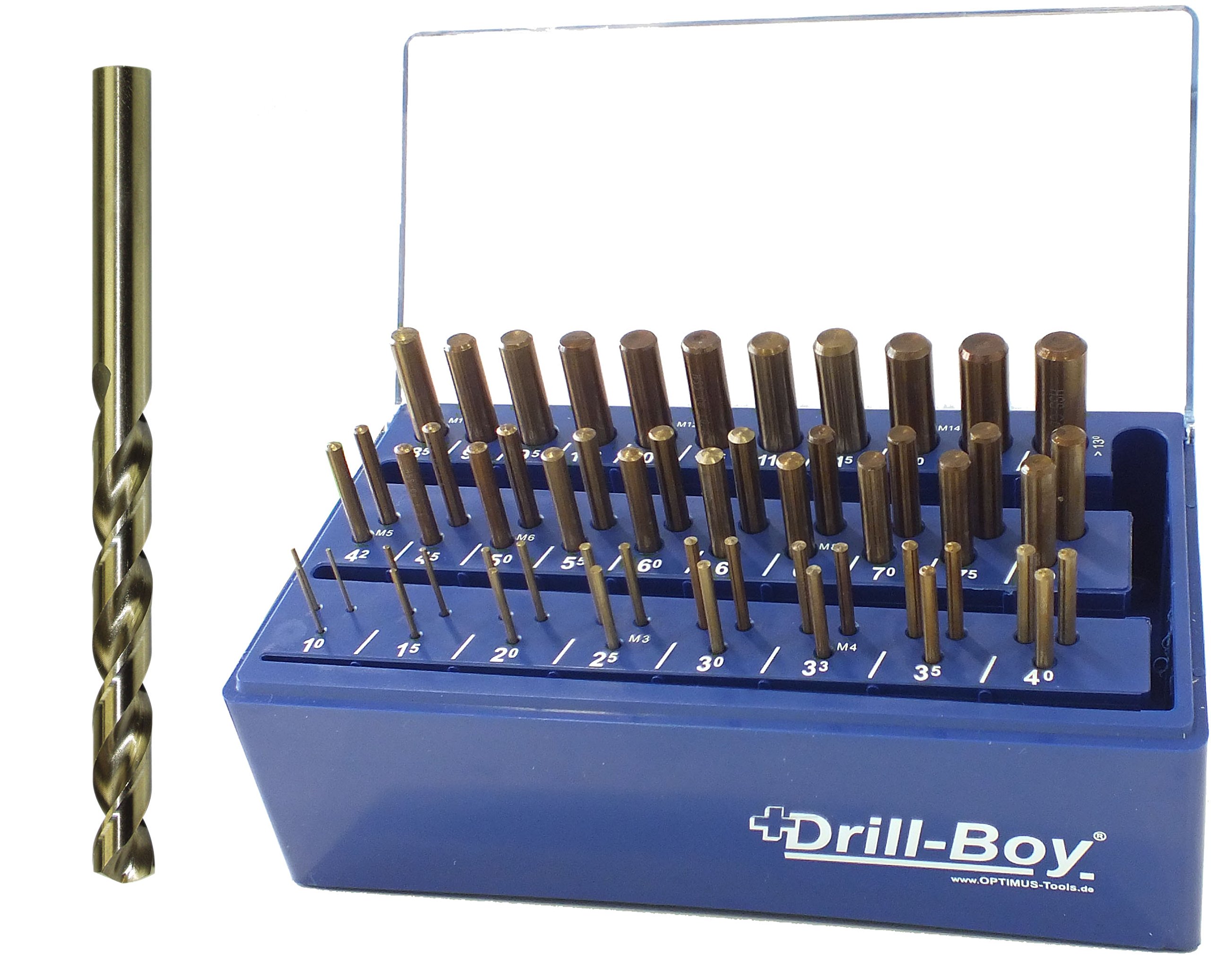 Drill Boy 333857055 stojak z tworzywa sztucznego z funkcją sortowania 55 szt. z wiertłem spiralnym HSS-Co 5% Cobalt DIN 338, typ N, szlifowany, złoty wykończenie ze szlifem krzyżowym od Ø 3,00 mm