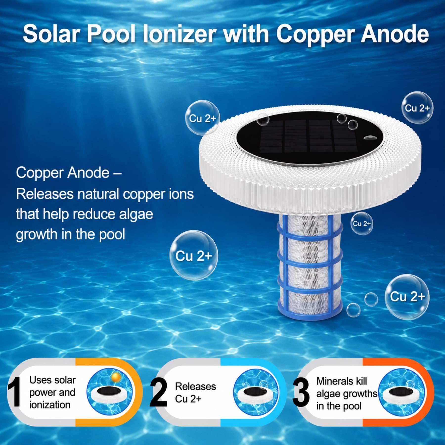 sylvwin Ionizador de piscina solar con ánodos de cobre, purificador de agua flotante con ánodo de cobre para piscinas, iluminación solar de piscina, luces solares RGB, purificador de agua para