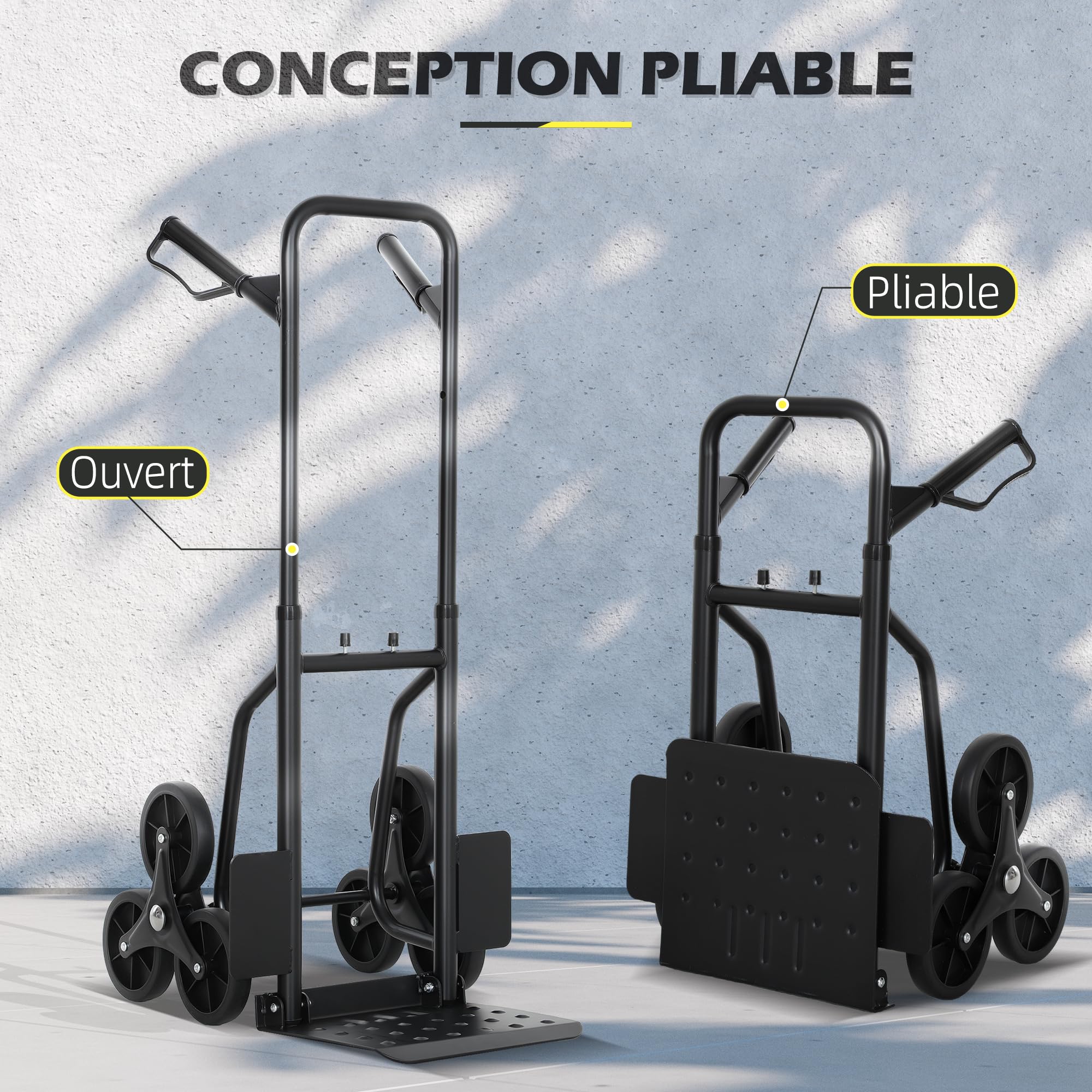 DURHAND Carro Plegable para Escaleras 120kg 6 Ruedas Robusto Negro Acero