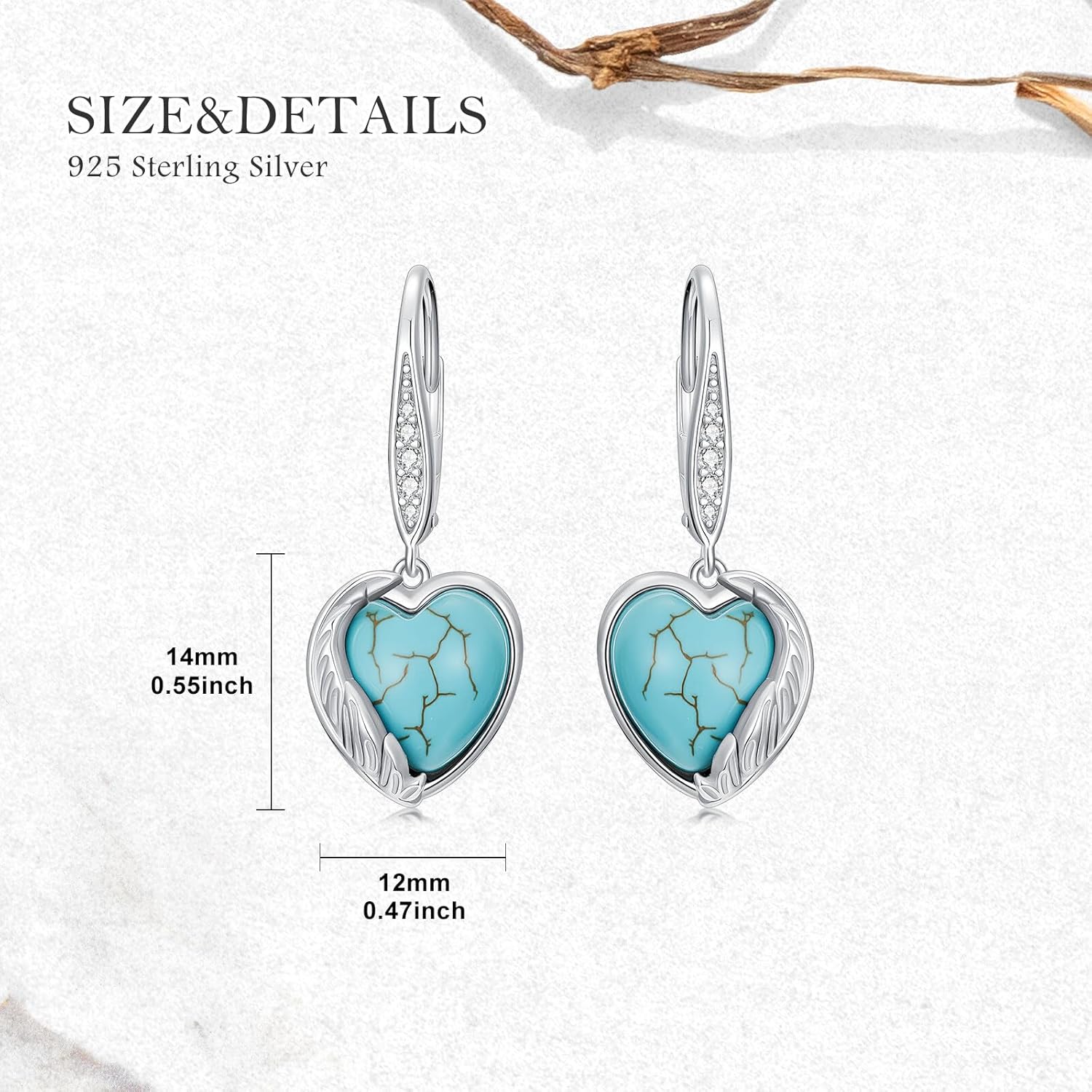 Turquoise Feather Earrings for Women 925 Sterling Silver Natural Turquoise Heart Earrings Jewelry Gifts for Mom Wife - Image 4