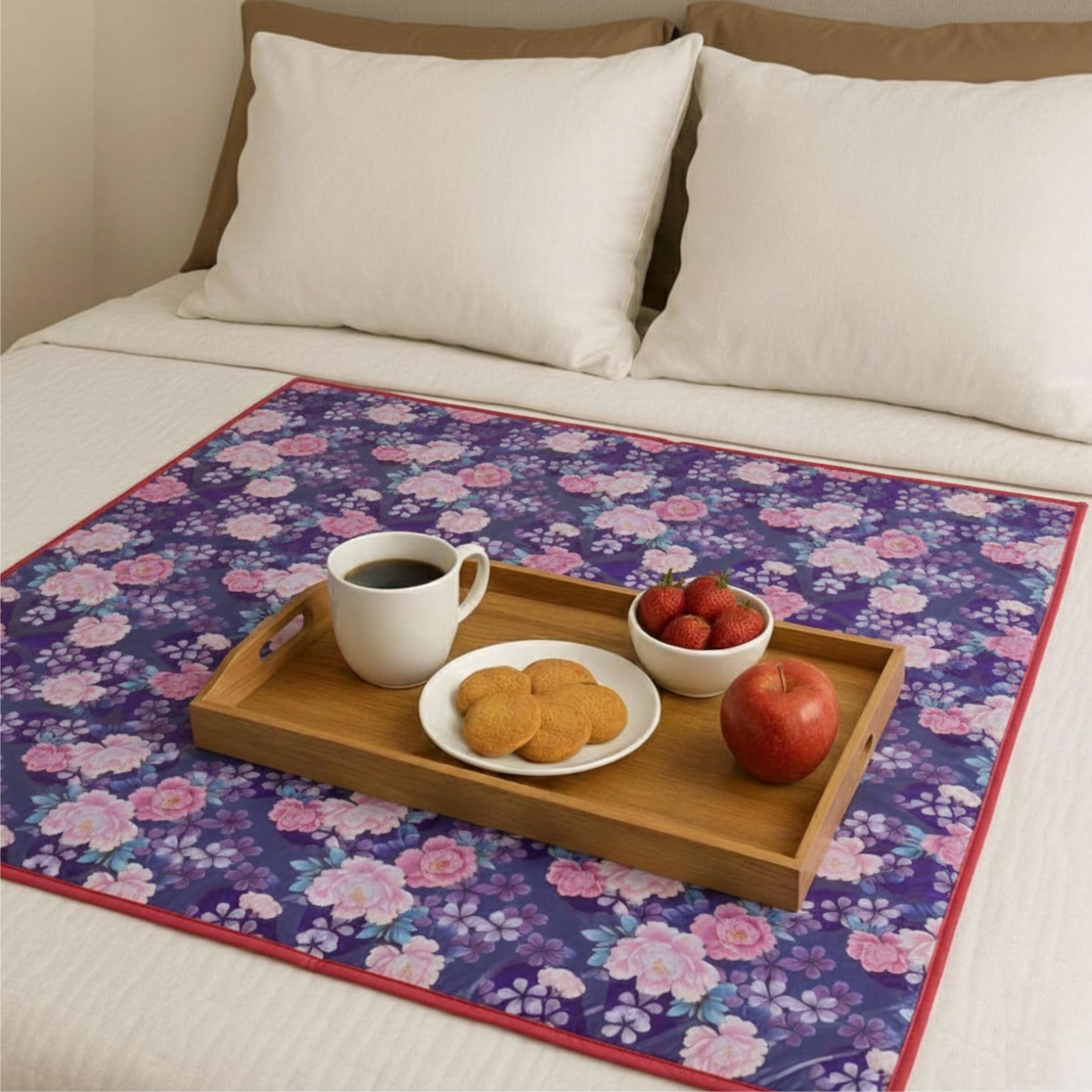 Gellon PVC Flower Print Bed Server Food Mat in 3 Layers, Water Proof Place Mat Bedsheet Protector for Home 36”x36” Inch Purple Color