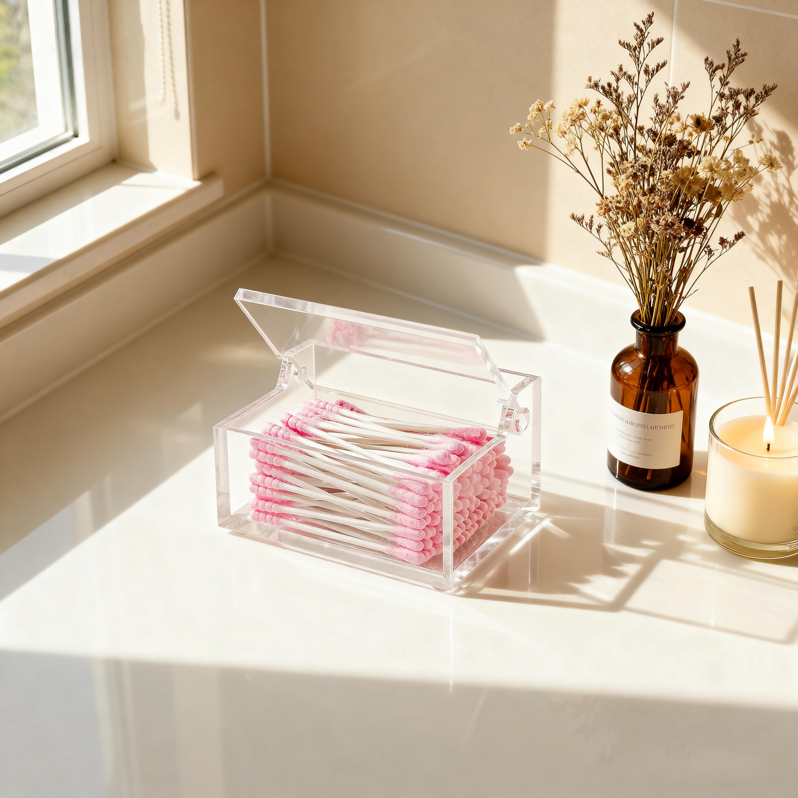 Qtip - Dispensador con tapa, organizador de bolas de algodón, organizador de hisopos de algodón acrílico transparente, soporte cuadrado para almohadillas de maquillaje, estuche de