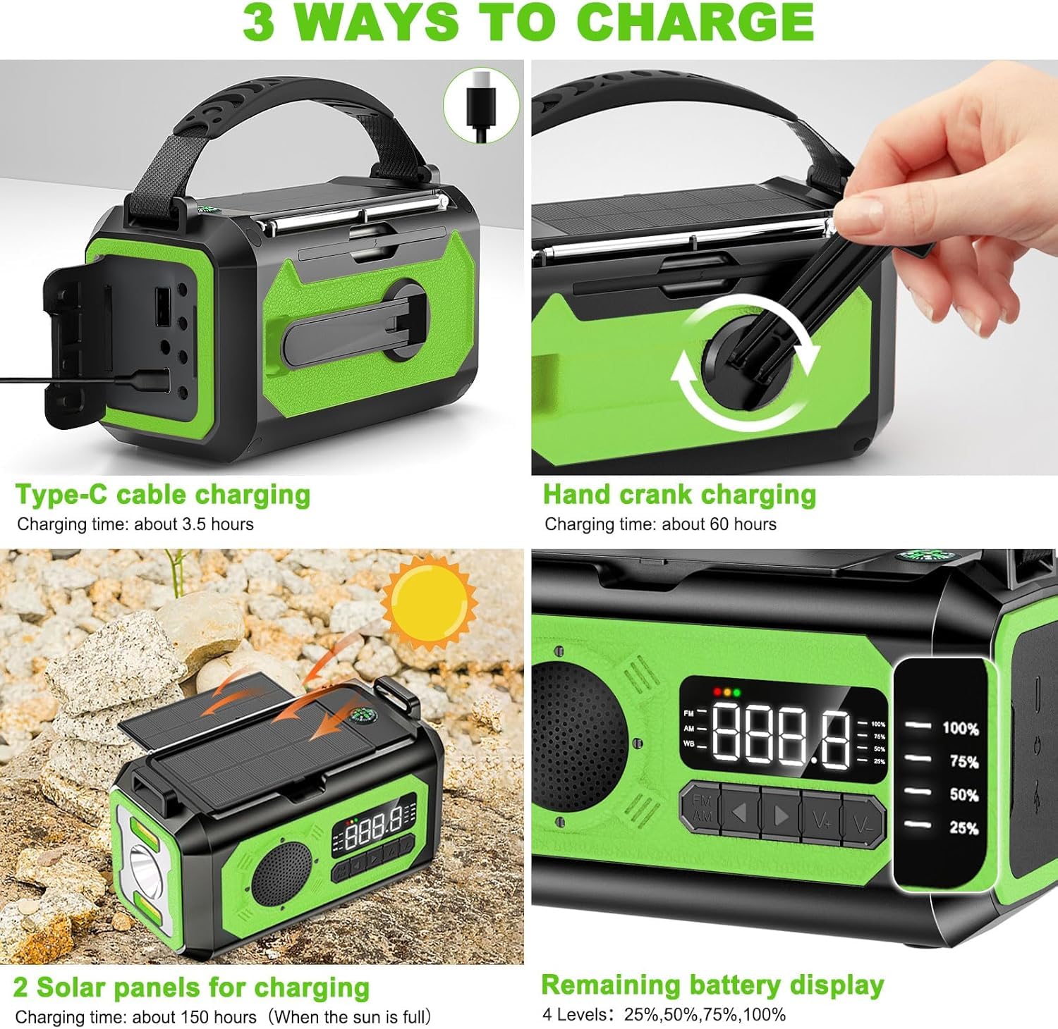 Radio Météo d'urgence 12 000 MAh, Radio AM Portable à Manivelle, Radio Alimentée par Batterie Solaire Rechargeable avec Chargeur et Adaptateur USB-C, Lampe de Poche D'alerte SOS