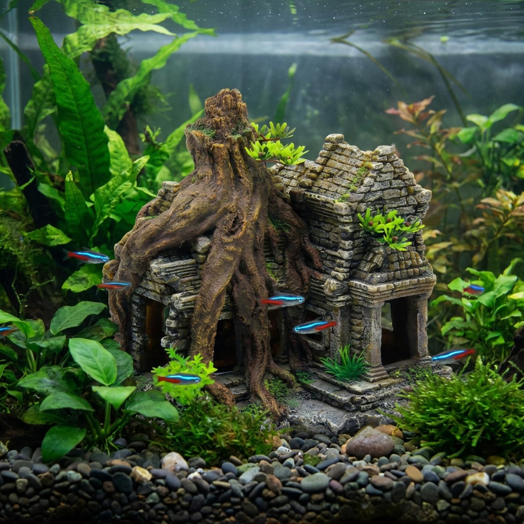 Decorazione per acquario di grandi dimensioni, ornamento realistico per acquario con castello ad arbusto con grotta, decorazioni in resina dipinte a mano per nascondere e giocare i gamberetti Betta