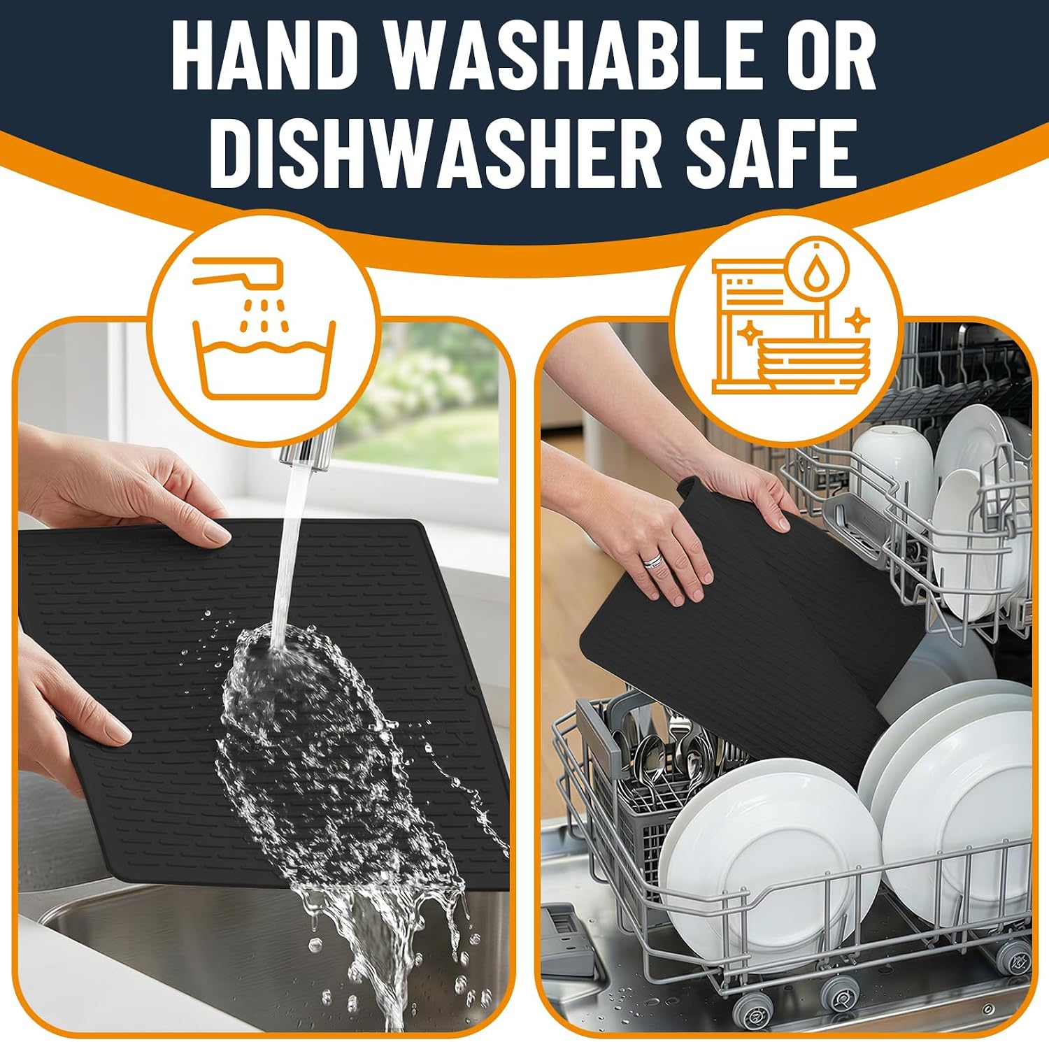 BLESWIN Silicone Dish Drying Mat for Kitchen Counter & Sink Black, Fast Dry Easy Clean Multi-Use Mat, Heat Resistant Trivet Dish Drying Pad for Dishes, Under Rack & Coffee Bar, 15.7" x 19.7" Large
