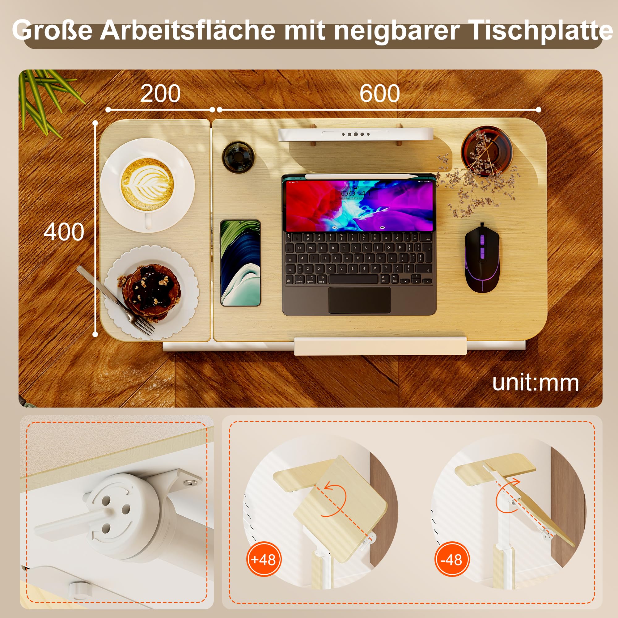 ETHU Klappbarer Laptoptisch mit Rollen, Höhenverstellbarer Nachttisch (67-101 cm) & Neigbare XXL-Tischplatte, Mobiler Beistelltisch für Bett, Sofa & Homeoffice (Eiche)