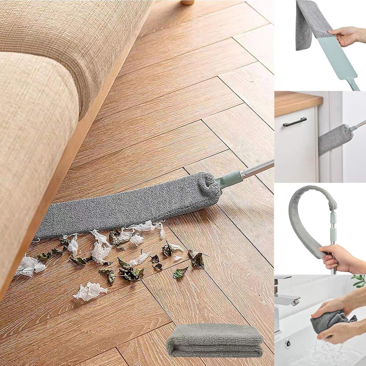 Teleskop Staubwedel Biegbar Waschbar - 2 Abwaschbare Mikrofaser Tücher - Nass&Trocken Staubbürste für Möbelboden Schlafsofa Haushaltslücke (Gray)