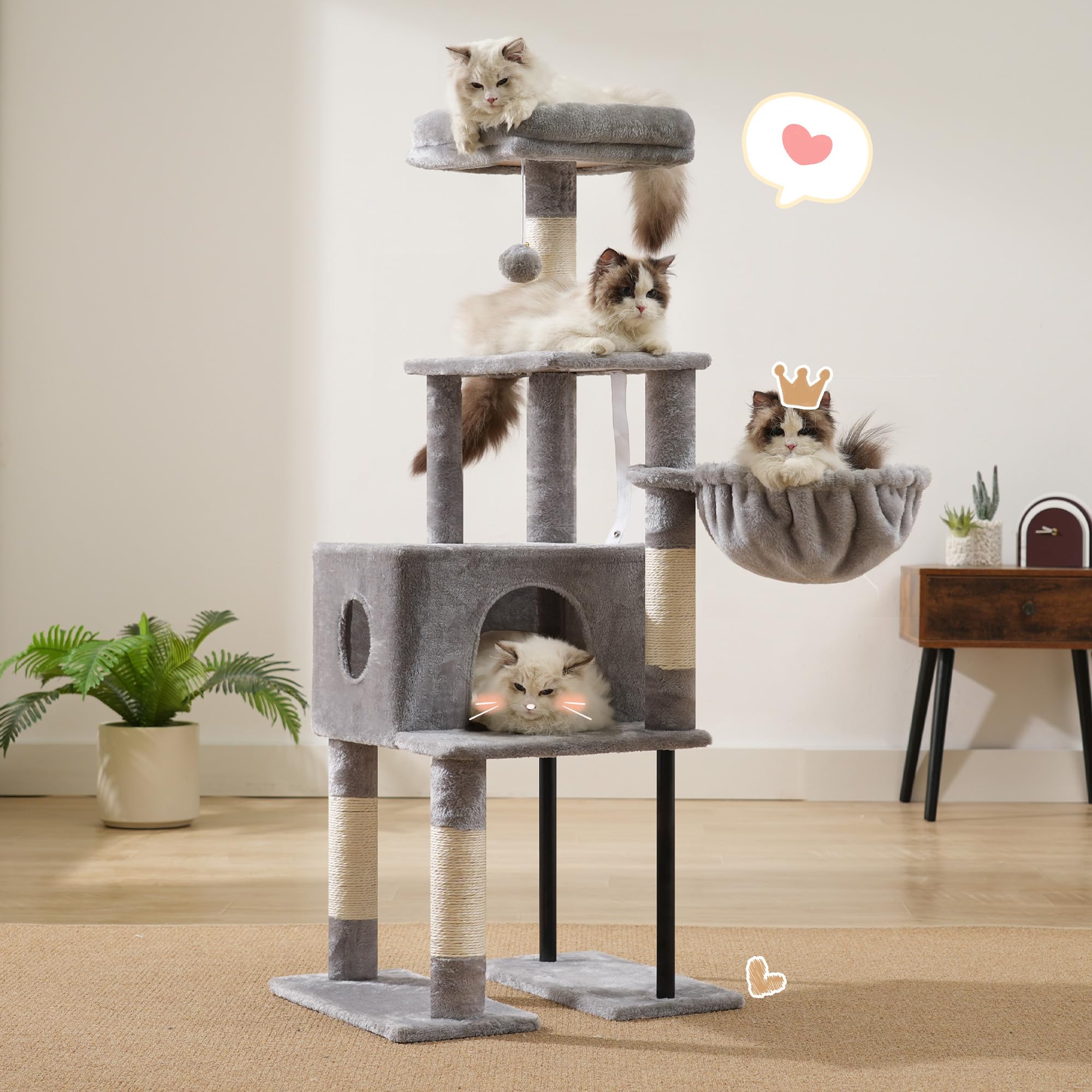 Heybly Albero Tiragraffi Per Gatti Alto 125 cm, Torre Per Gatti Spaziosa E Confortevole Con Tana, Due Ampie Piattaforme, Tiragraffi In Sisal, Cestino, Robusti Tubi In Acciaio, Grigio Chiaro HCT200SW-