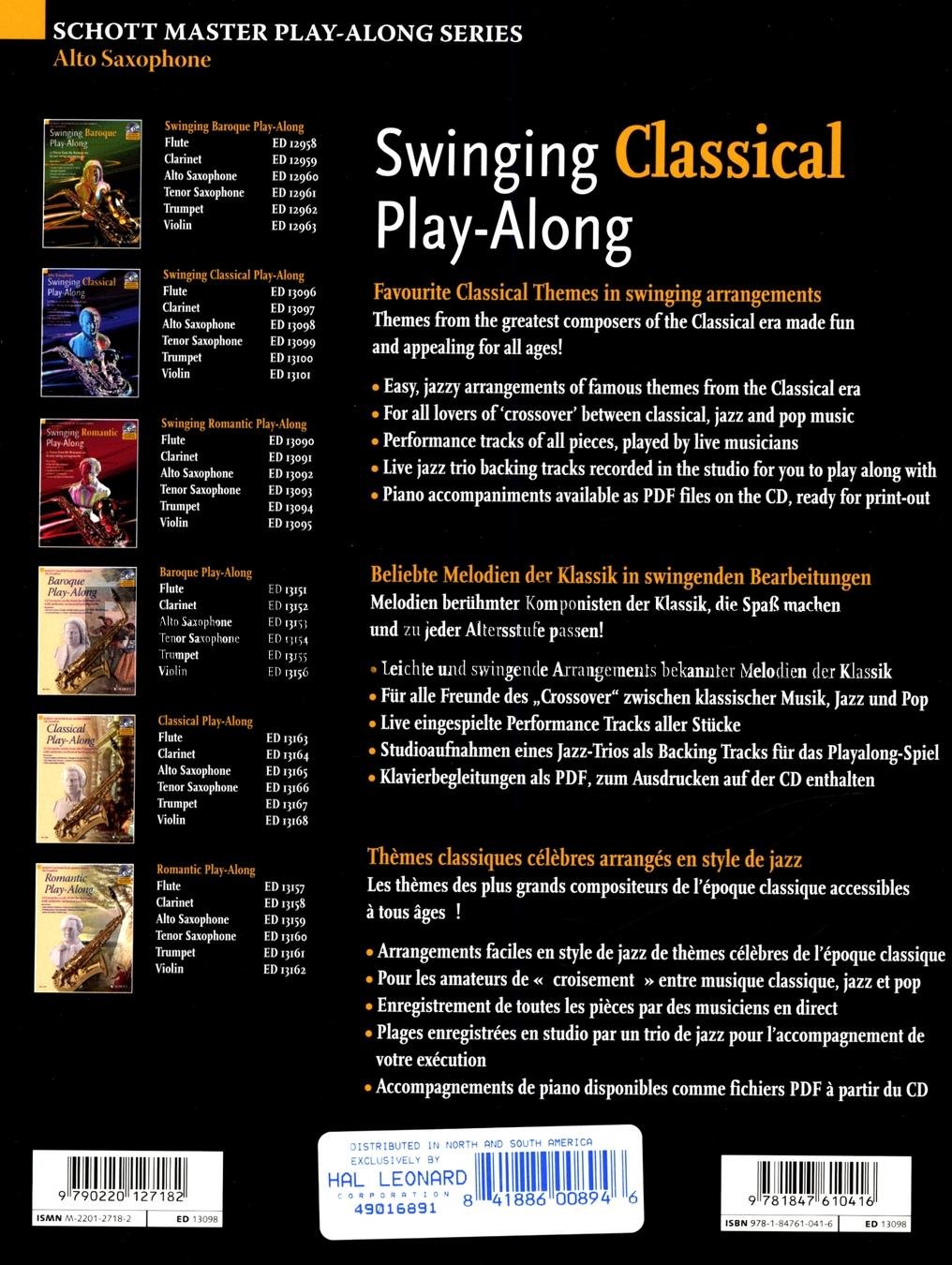 Swinging Classical Play-Along for Alto Saxophone: 12 Pieces from the Classical Era in Easy Swing Arrangements: Piano Part to Print