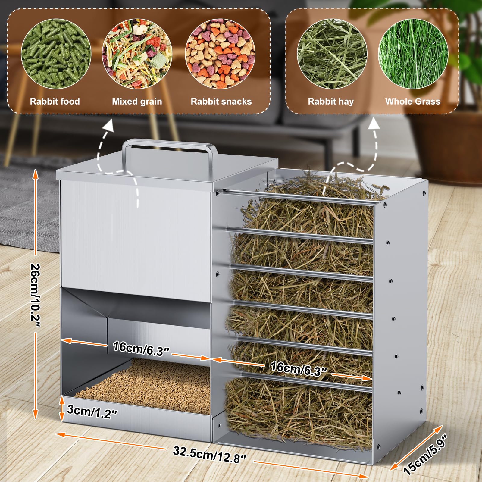 Mangiatoia automatica per conigli per gabbia Mangiatoia per fieno per conigli 4,5 L Mangiatoia per coniglietti in acciaio inossidabile Dispenser di cibo per conigli per porcellini d'India Scoiattoli