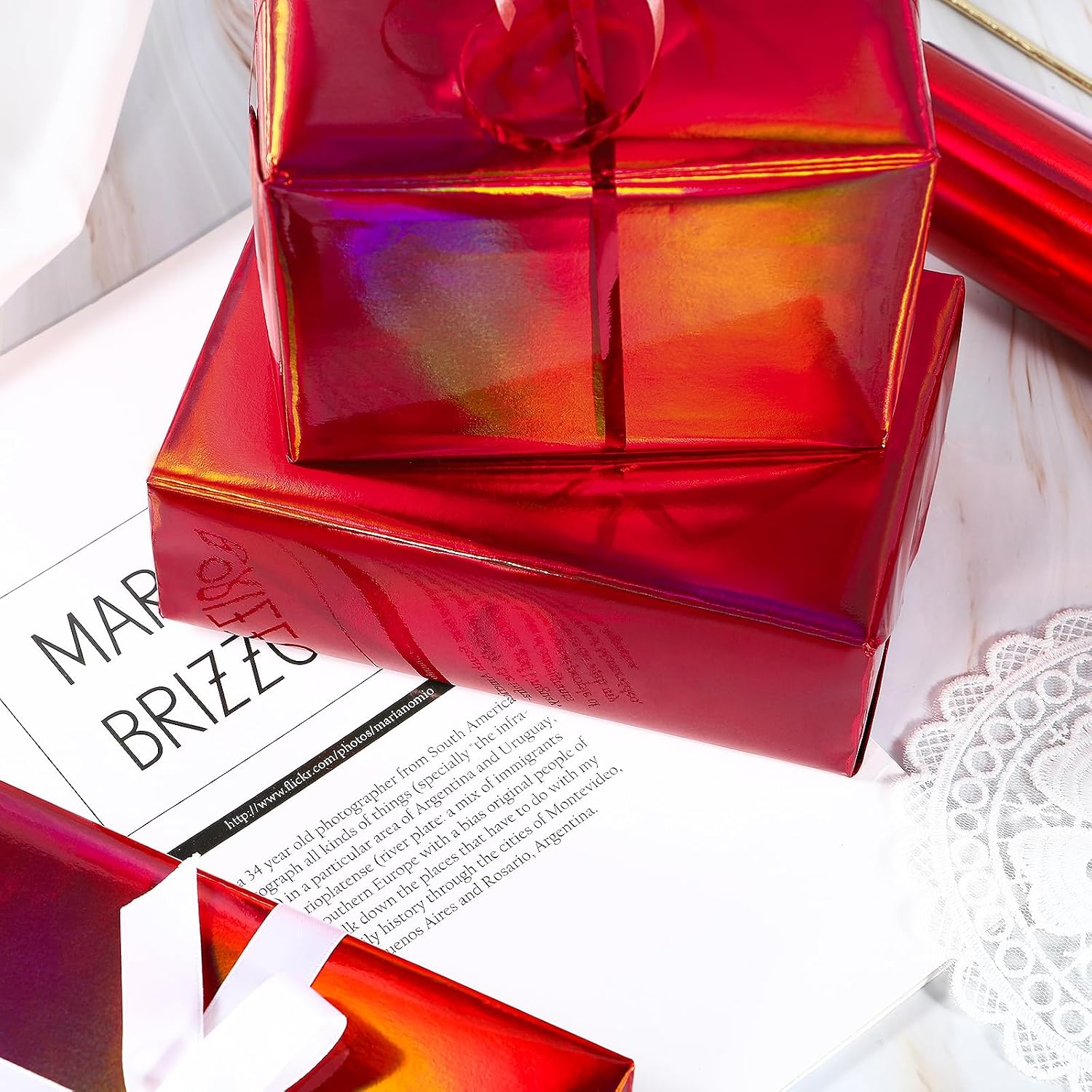 LeZakaa Red Wrapping Paper Roll, Holographic Iridescent Wrapping Paper for Birthday, Valentine's, Chritsmas, Wedding, Large Roll, 30 inches x 32.8 Feet (92.9 sq.ft.) image 4