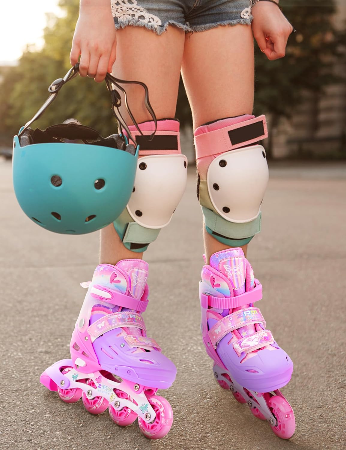 2PM SPORTS Pink M Inline Skates & Purple M Protective Gear Set