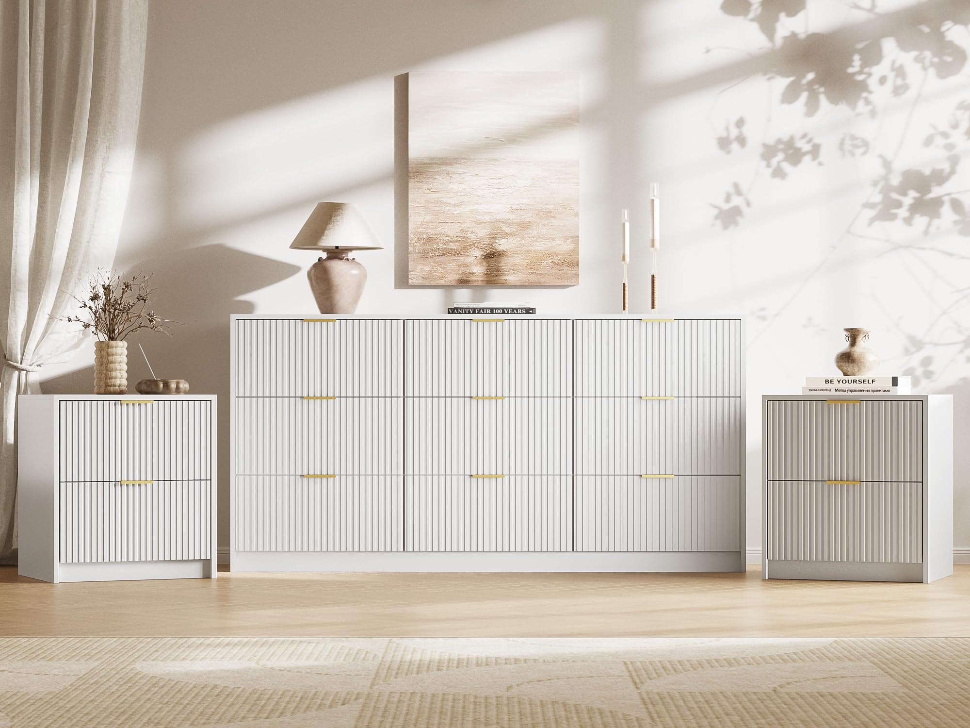 MAISONARIA 3-Piece Dresser Bedroom Set, 9 Drawer Dresser & 2 Drawer Nightstands with Gold Handles, Fluted Wood Chest of Drawers for Bedroom, Living Room, Entryway, White : Home & Kitchen