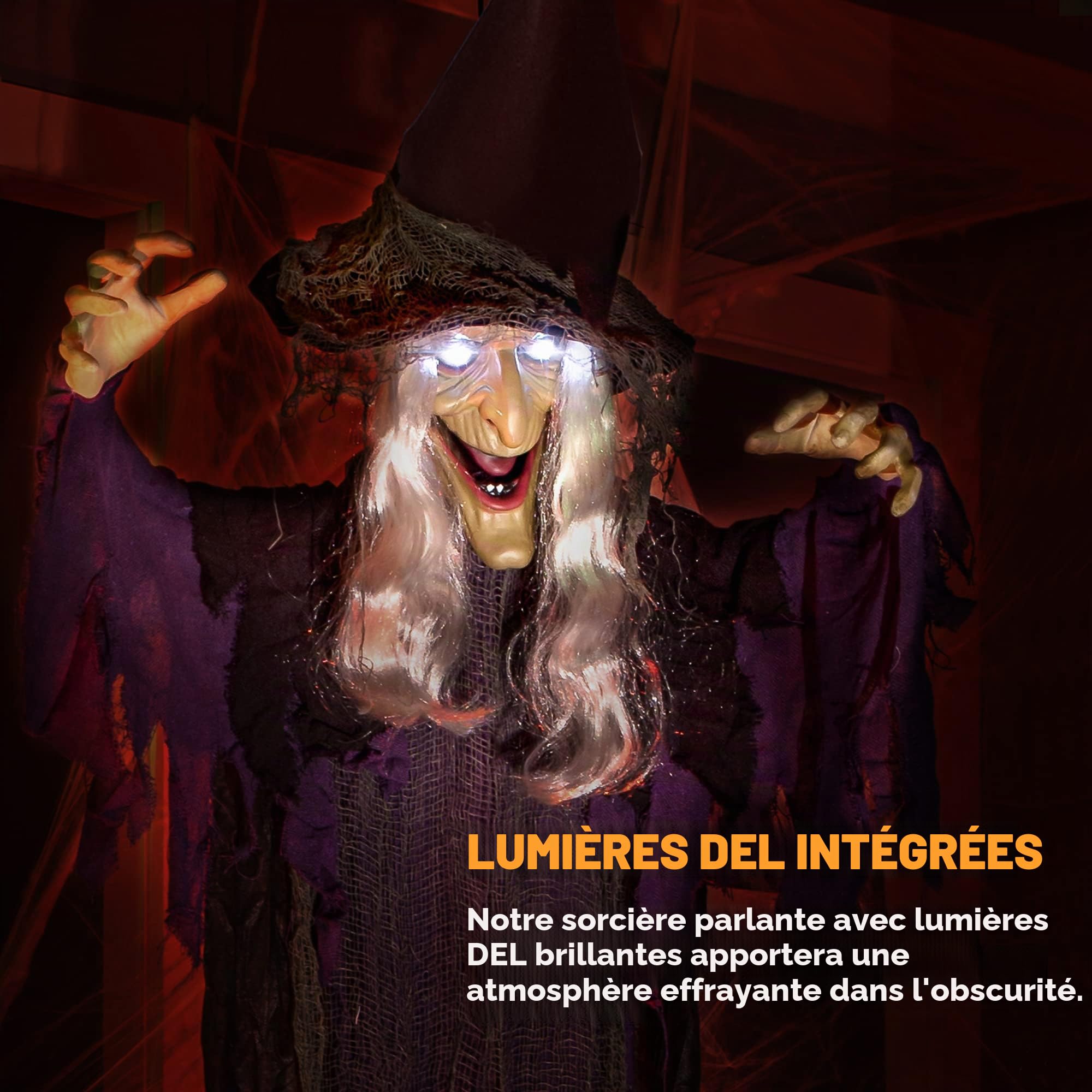 JOYIN Décoration de sorcière parlante animée à Suspendre avec Yeux Lumineux et Fonction d'activation sonore pour Halloween, décoration de Maison hantée,décoration de pelouse 182,9 cm