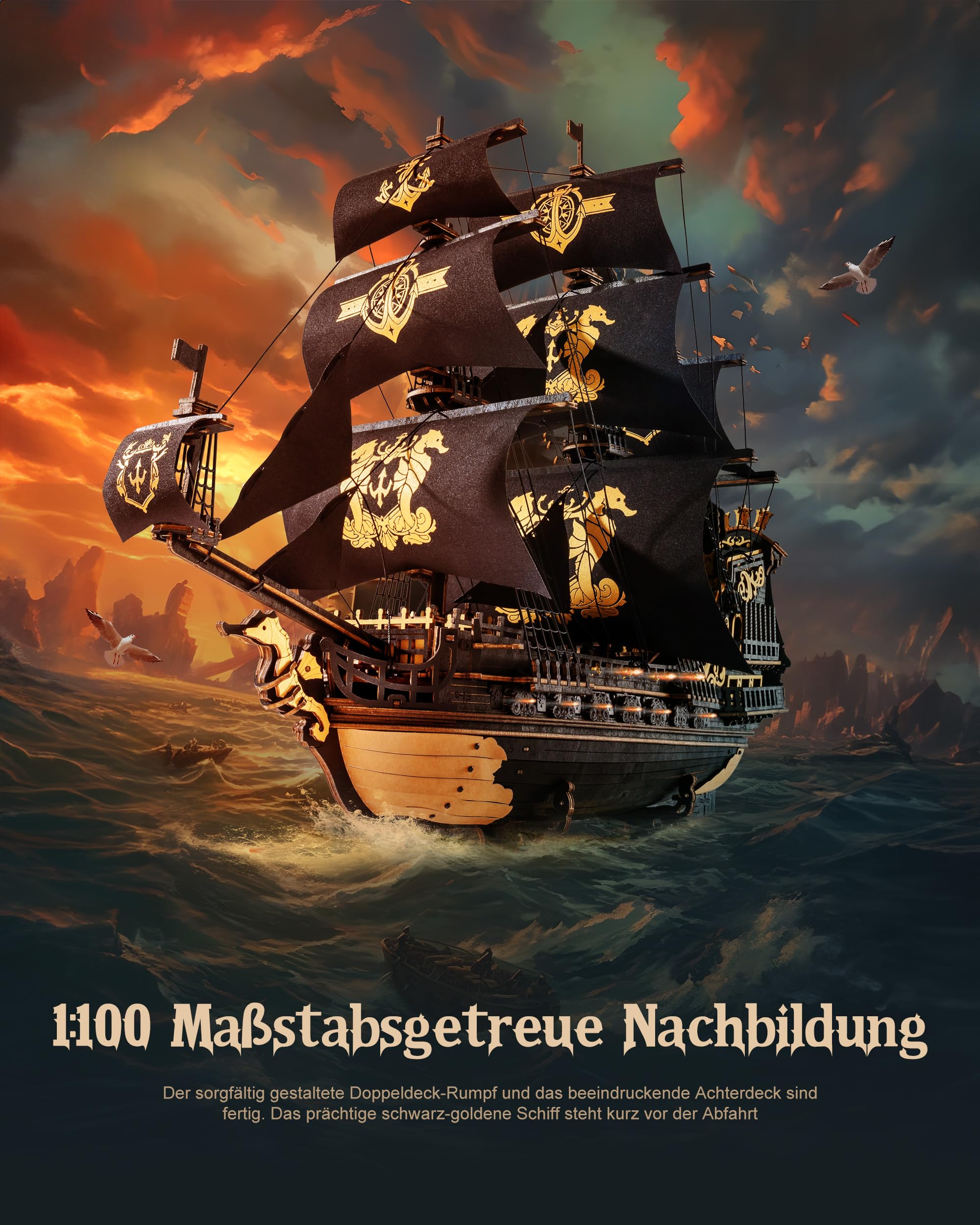 ROBOTIME 3D Holzpuzzle Segelschiff Bausatz – Seahorse Barque Modellschiff zum Selberbauen, 603 Teile DIY Holzbausatz für Erwachsene & Jugendliche, Vintage Deko & Geschenk, MCB02