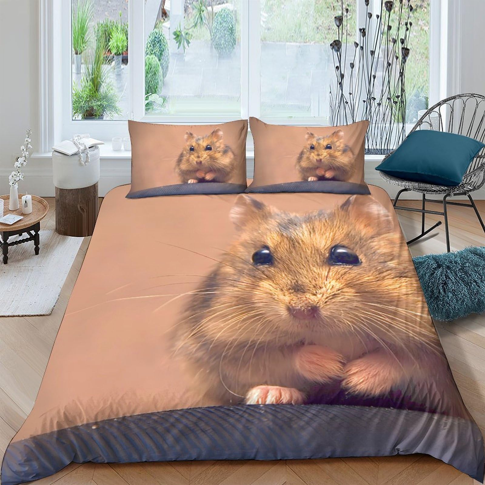 GPLZQXKJNH 3D Printed Brown Hamster Duvet Cover Microfiber Soft Breathable Cute Animal Bedding Set with 2 Pillowcases for Bedroom Decor Single（135x200cm）