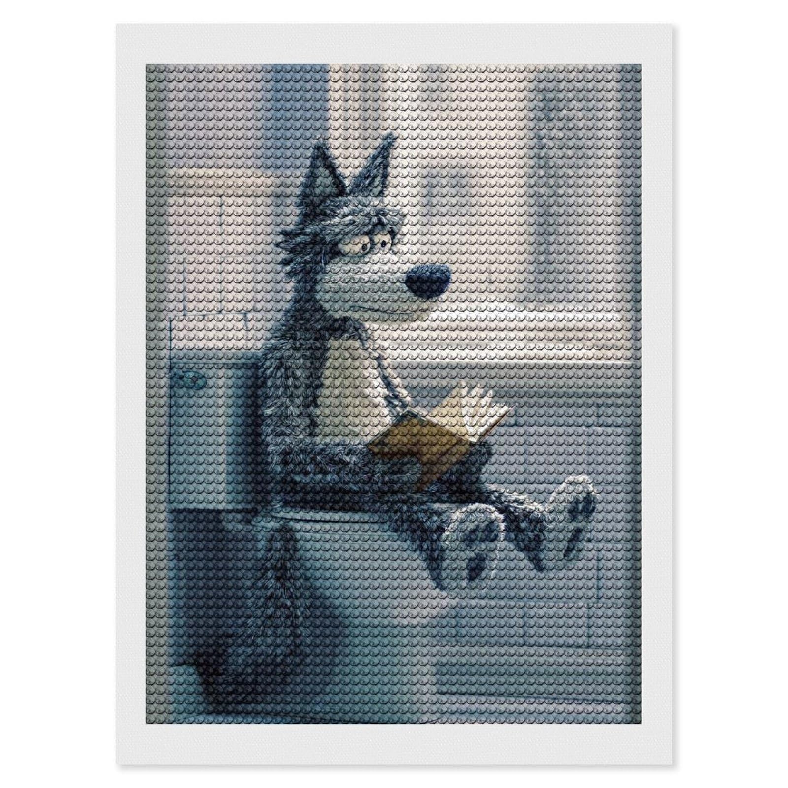 Junmoney Wolf Reading on A Toilet DIY Diamond Art Canvas Kit 12"x16", Adhesive Canvas, Easy to Enjoy, Farmhouse Decor, Festive Craft Gift