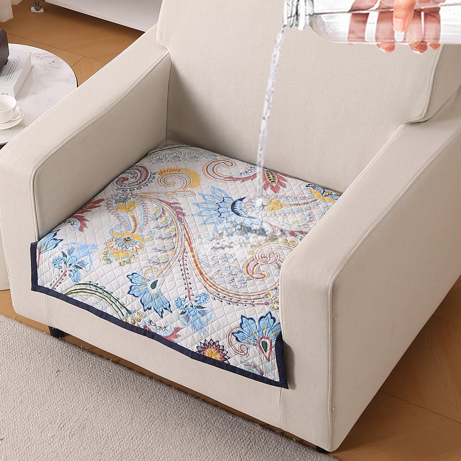 Beige Peony Sofa Cover - L Shape 5 Seater -27