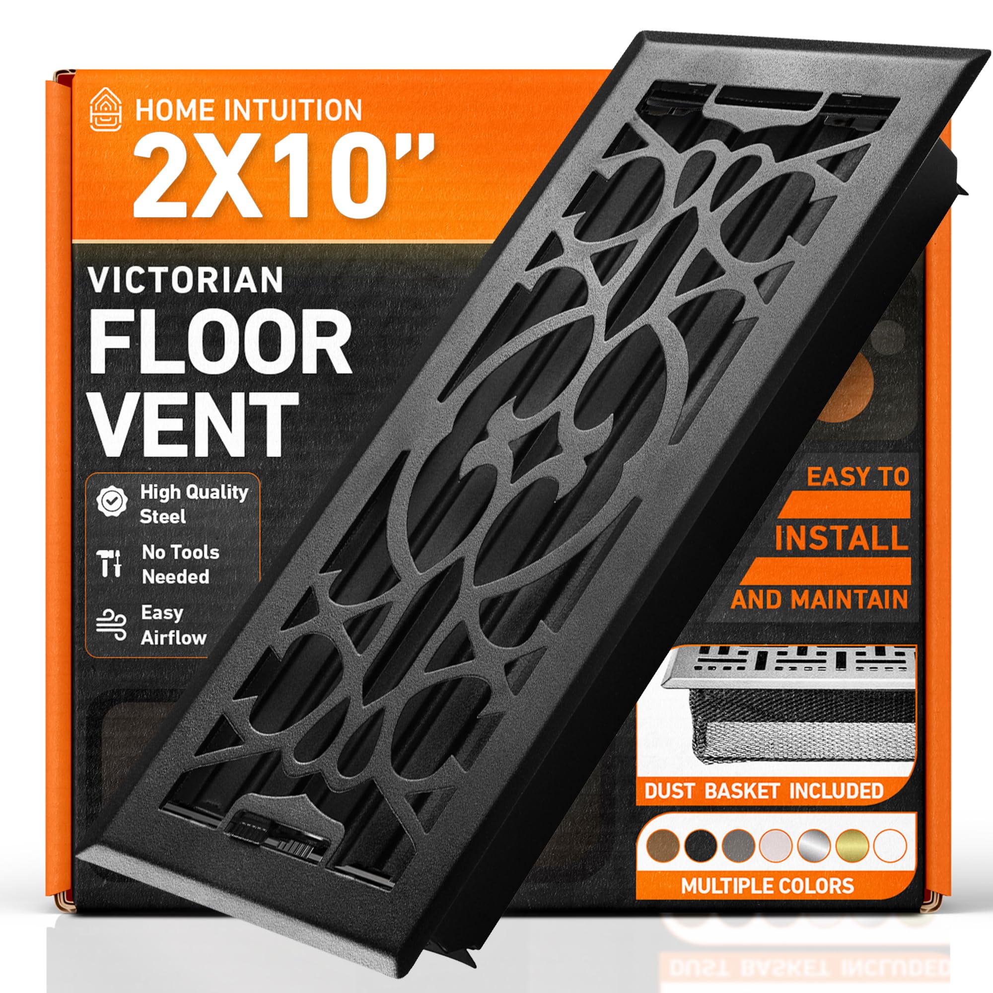 2X10 Floor Vent Covers Floor Register with Mesh Cover Trap, Heat and Air, Walkable Metal Floor Vent for HVAC Duct, Victorian, Matte Black