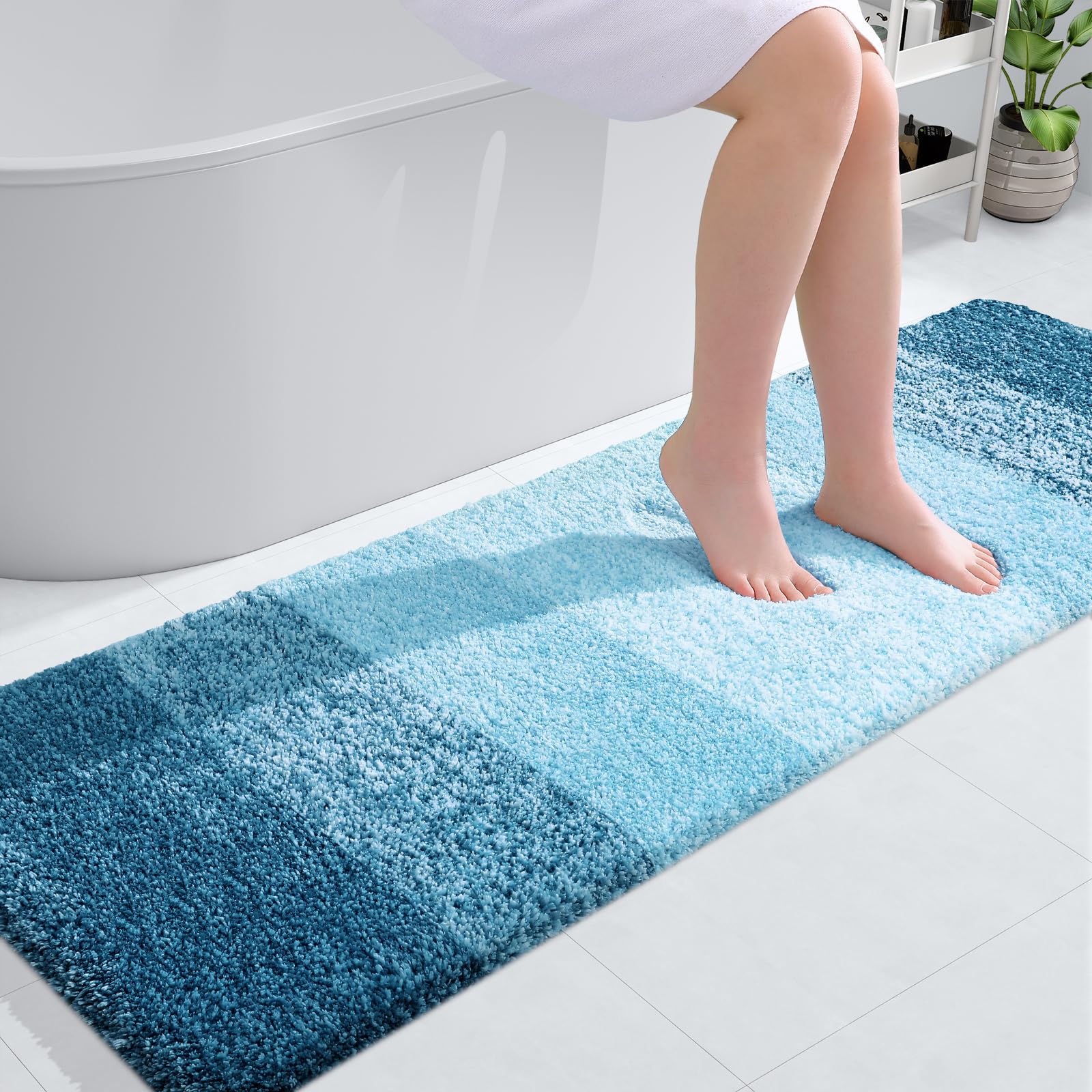 OLANLY Bathroom Runner Rug 59x20, Extra Soft Absorbent Microfiber Bath Rugs | Peacock Blue, Non-Slip Quick-Drying Rubber Backing, Washable Long Bath Mat for Floor, Tub and Shower, Home Decor