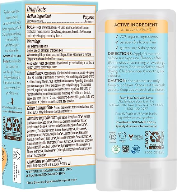 Babo Botanicals Sensitive Baby Mineral Sunscreen Stick SPF 50 - 70% Organic Ingredients - Zinc Oxide - NSF & MADE SAFE and EWG Certified - Water Resistant - Fragrance-Free - Babies & Kids