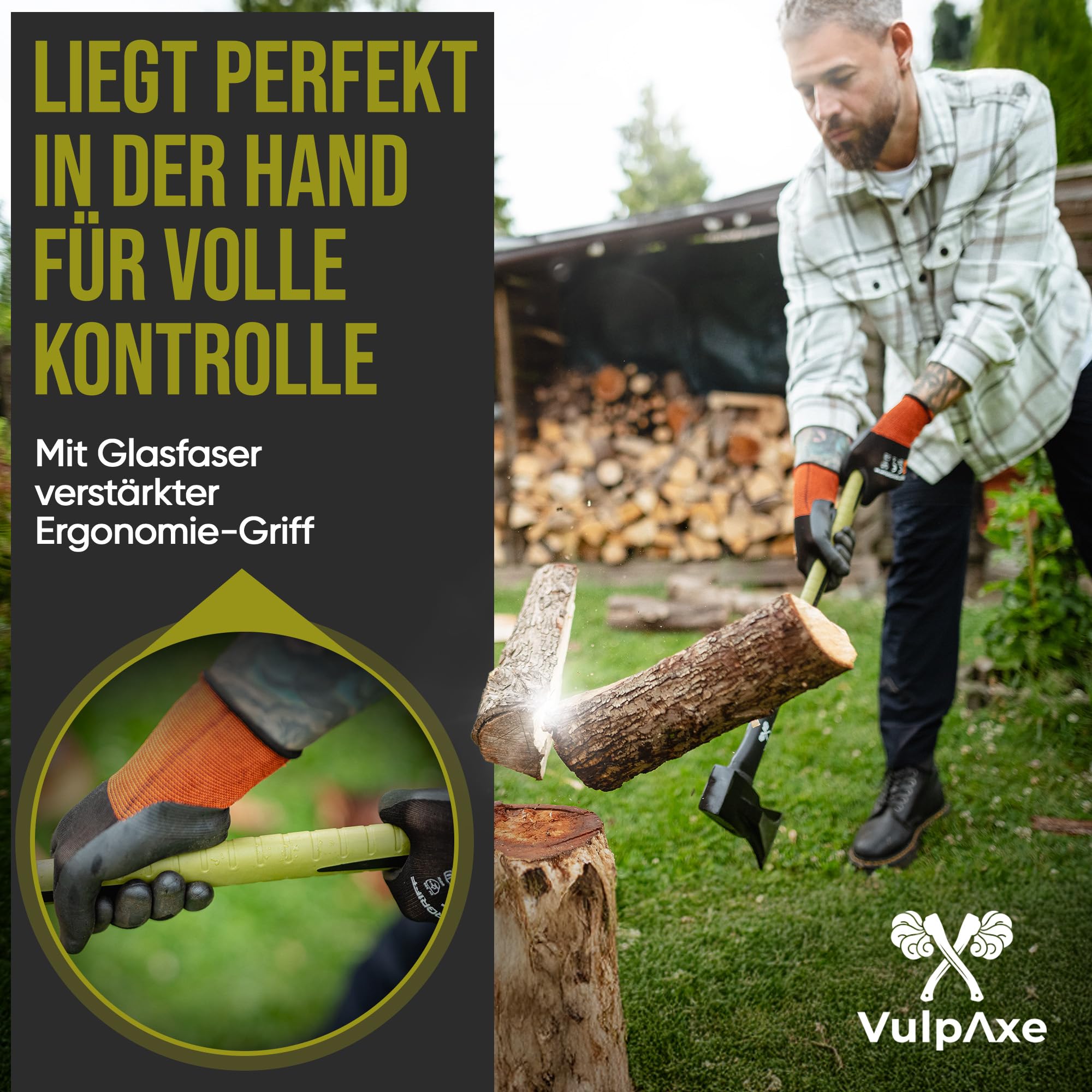 VULPAXE Spaltaxt 2kg 68cm – Profi Axt & Beil mit Carbonstahl-Klinge – Spalthammer für Holz Spalten – Glasfaserverstärkter gummierter Griff