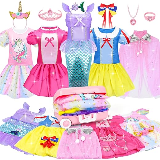 15 Pcs Princess Dress Up Clothes for Little Girl Role Play Costume Gift Set, Princess Mermaid Pretent Play Outfit Toys for Toddler Girls, Cosplay Birthday Party Gifts for Girls Age 3 4 5 6 7+ Year Old