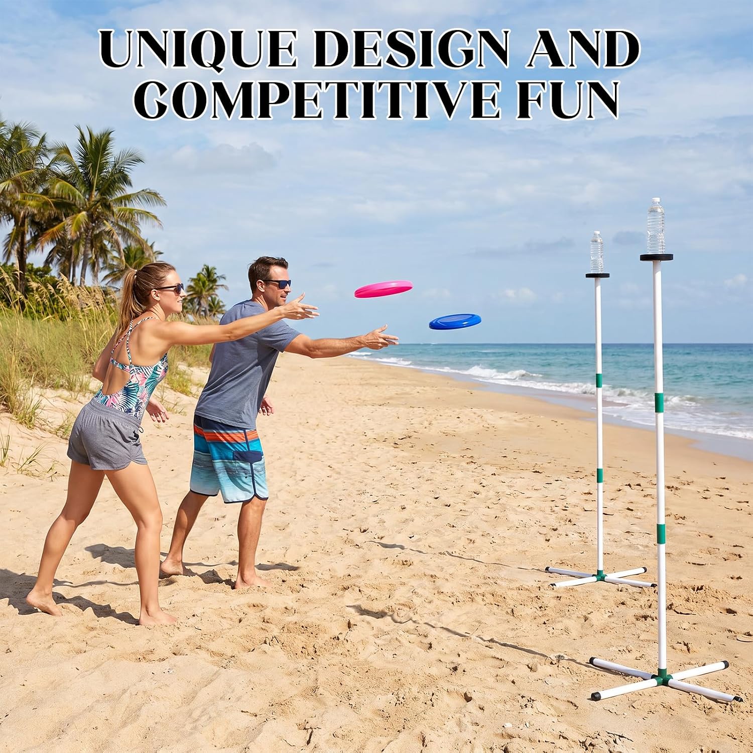 6 Pcs Outdoor Flying Disc Game Set, Portable Yard Disc Toss Game Set with 2 Foldable Discs Targets & 2 Flying Discs & 2 Height Adjustable Poles for Beach Lawn Backyard Park Camping