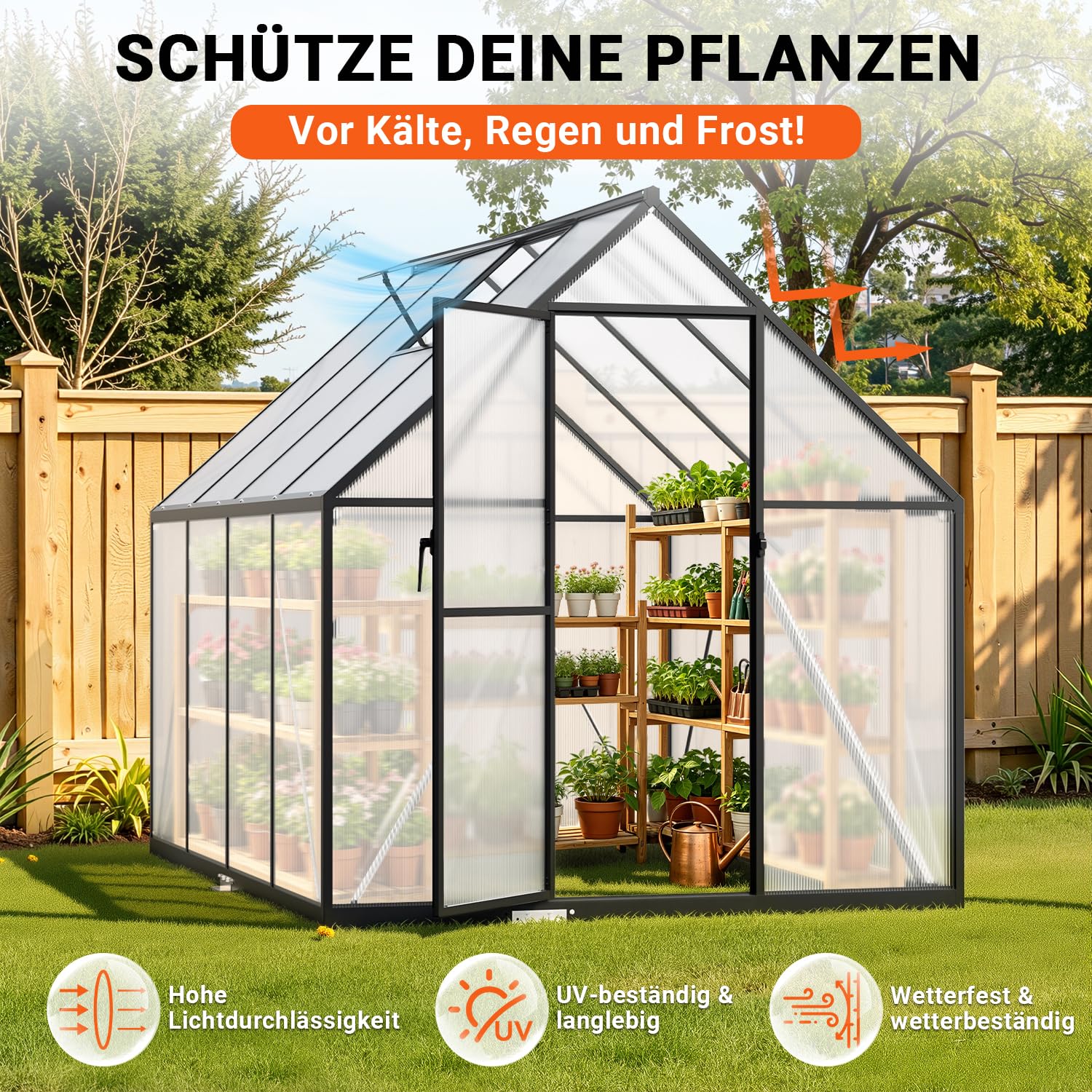 𝐉𝐚𝐱𝐠𝐮𝐨𝐦 Gewächshaus Aluminium 224 x 170 x 195 cm, 4 mm Polycarbonat-Hohlkammerplatten,mit Bodenrahmen & Dachfenster,Wetterbeständiges Tomatenhaus Treibhaus für Garten