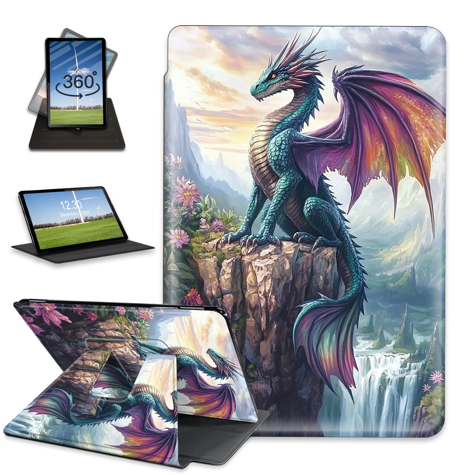 Étui en cuir pour Kindle Paperwhite 6/Kindle Colorsoft Signature Edition (12ème 7" 2024) rotatif, réveil automatique et sommeil pour Kindle Paperwhite 12ème 2024, motif dragon vert pour homme