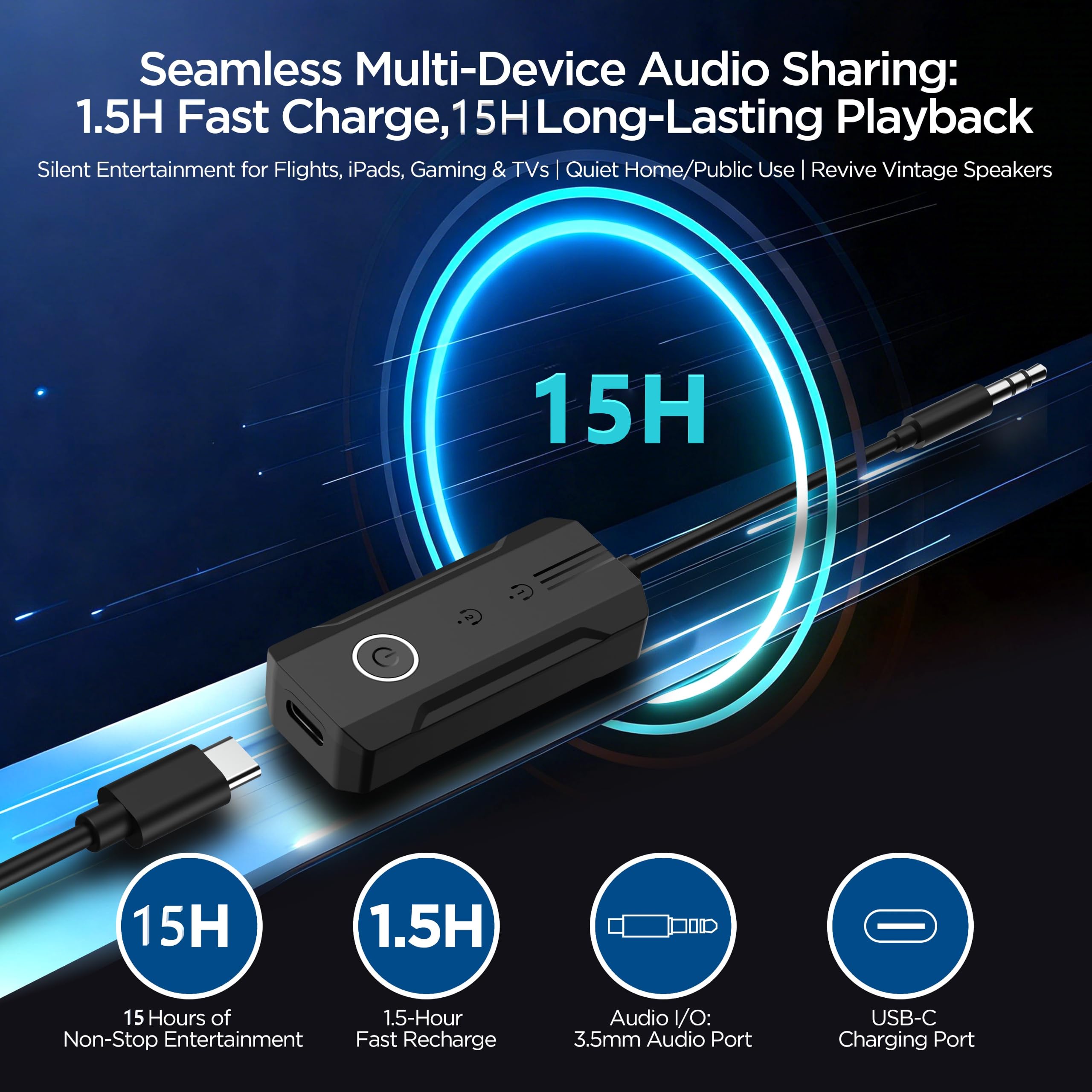 Receptor transmisor Bluetooth 6.0 de avión 2026 para 2 Airpods o auriculares, adaptador Bluetooth inalámbrico 2 en 1, adaptador de conector AUX de 3.5 mm en vuelo, TV, estéreo de coche