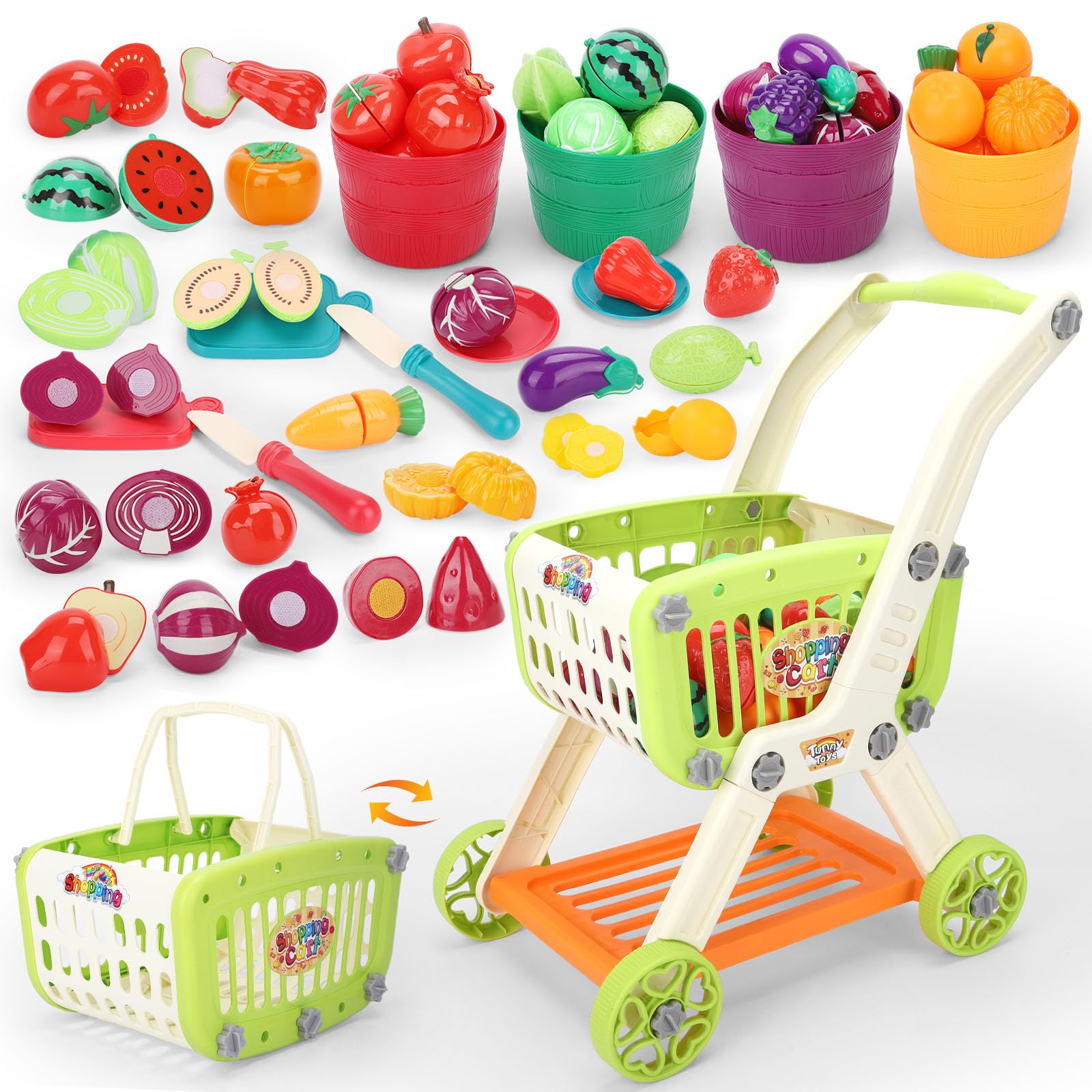 Kids Shopping Cart with Cutting Play Food Set for Kid Kitchen, 2 in 1 Shopping Cart for Kids Grocery Store Pretend Play Kitchen Accessories Sorting