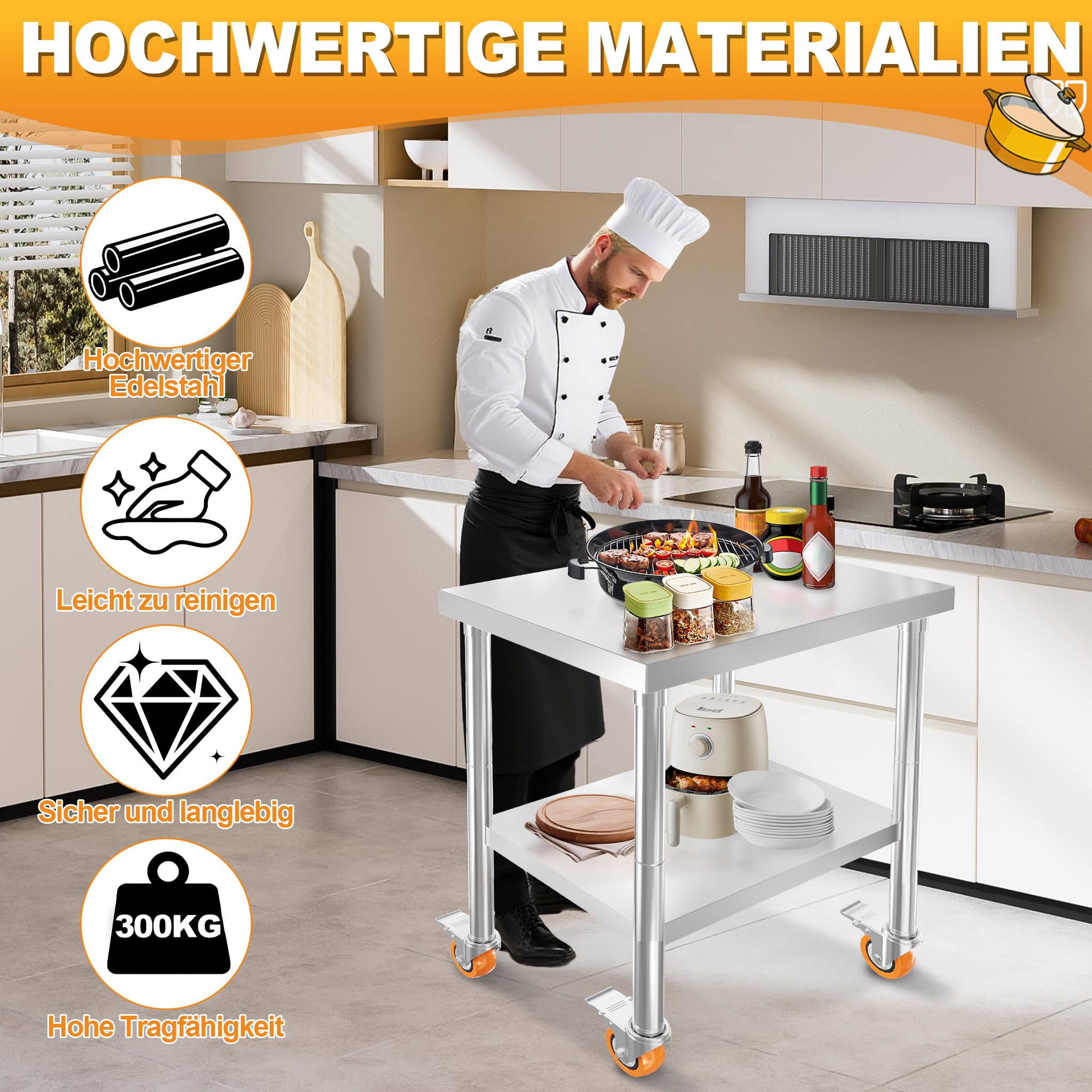AufuN Mesa de trabajo de acero inoxidable, 61 x 60 x 85 cm, con ruedas y 2 niveles, mesa de trabajo móvil para cocina, comercio, restaurante y hotel, mesa de preparación de alimentos de acero
