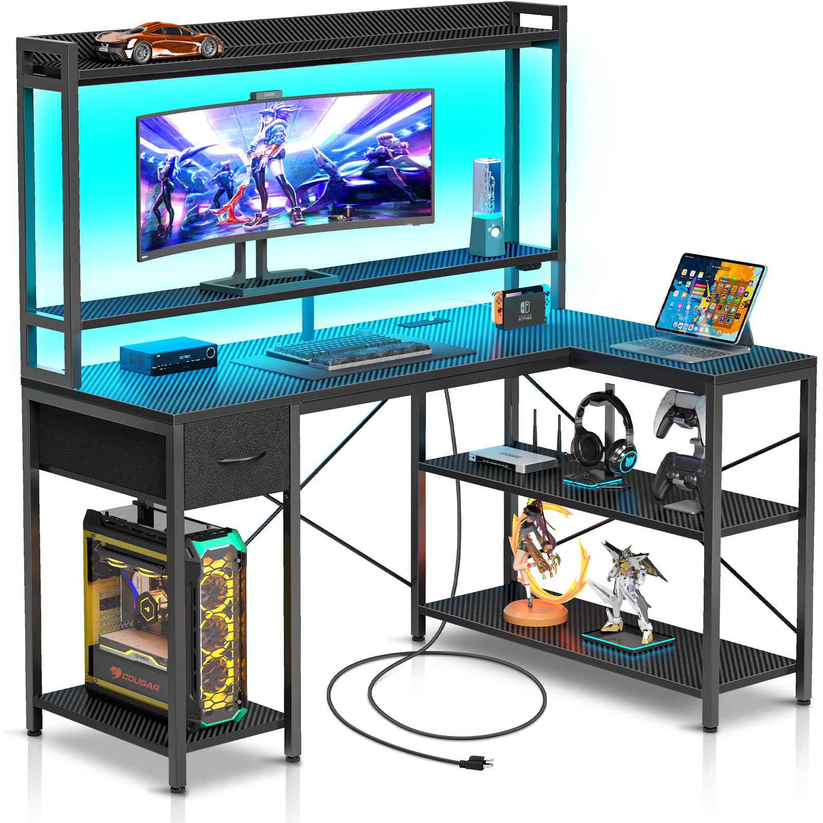 Seventable Gaming Desk L Shaped with LED Lights & Power Outlets, Reversible Computer Desk with Shelves & Drawer, Corner Desk with Hutch Home Office Desk, Carbon Fiber Black